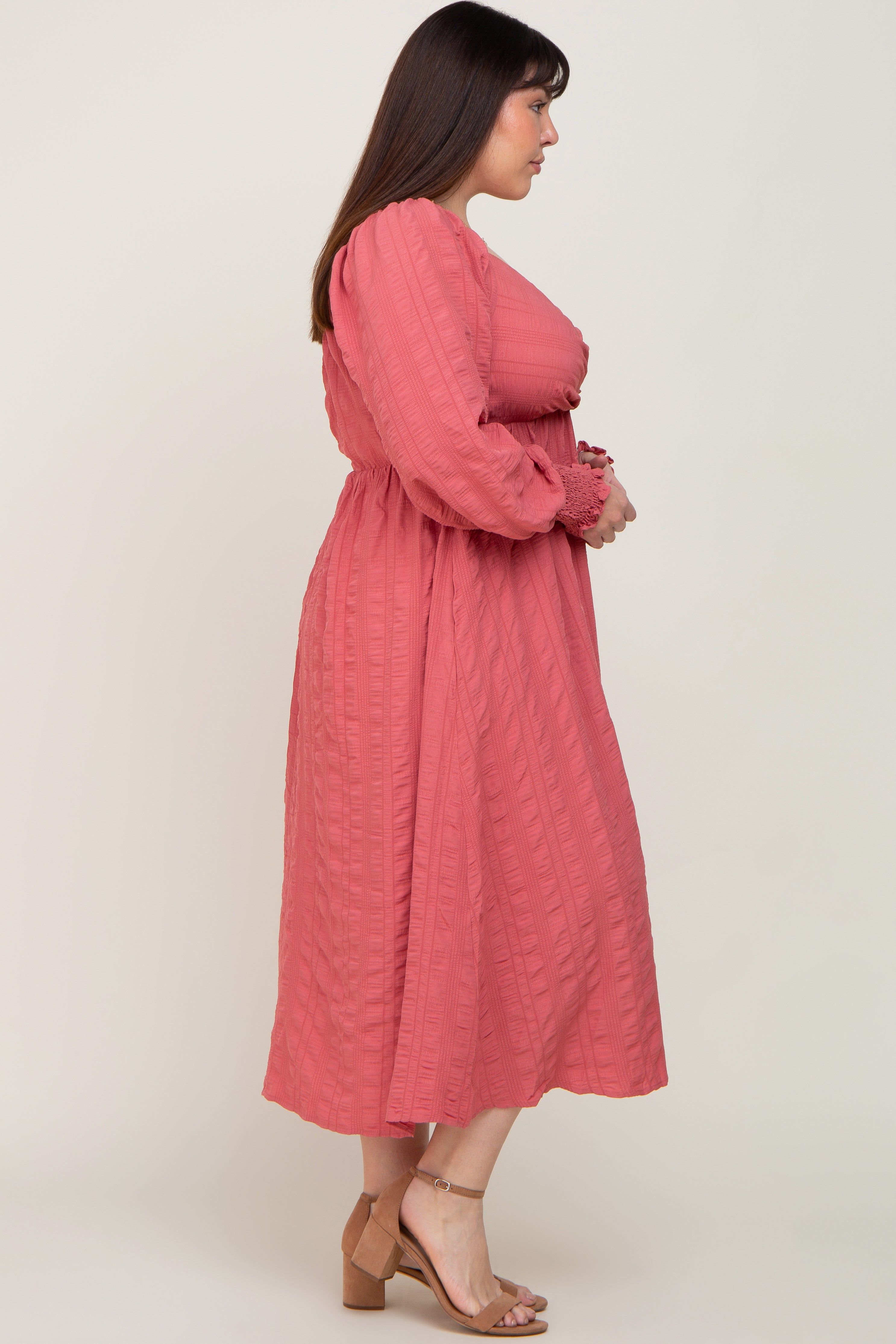 Mauve Wrap Smocked Accent Long Sleeve Plus Dress sold by Pinkblush product image thumbnail 2