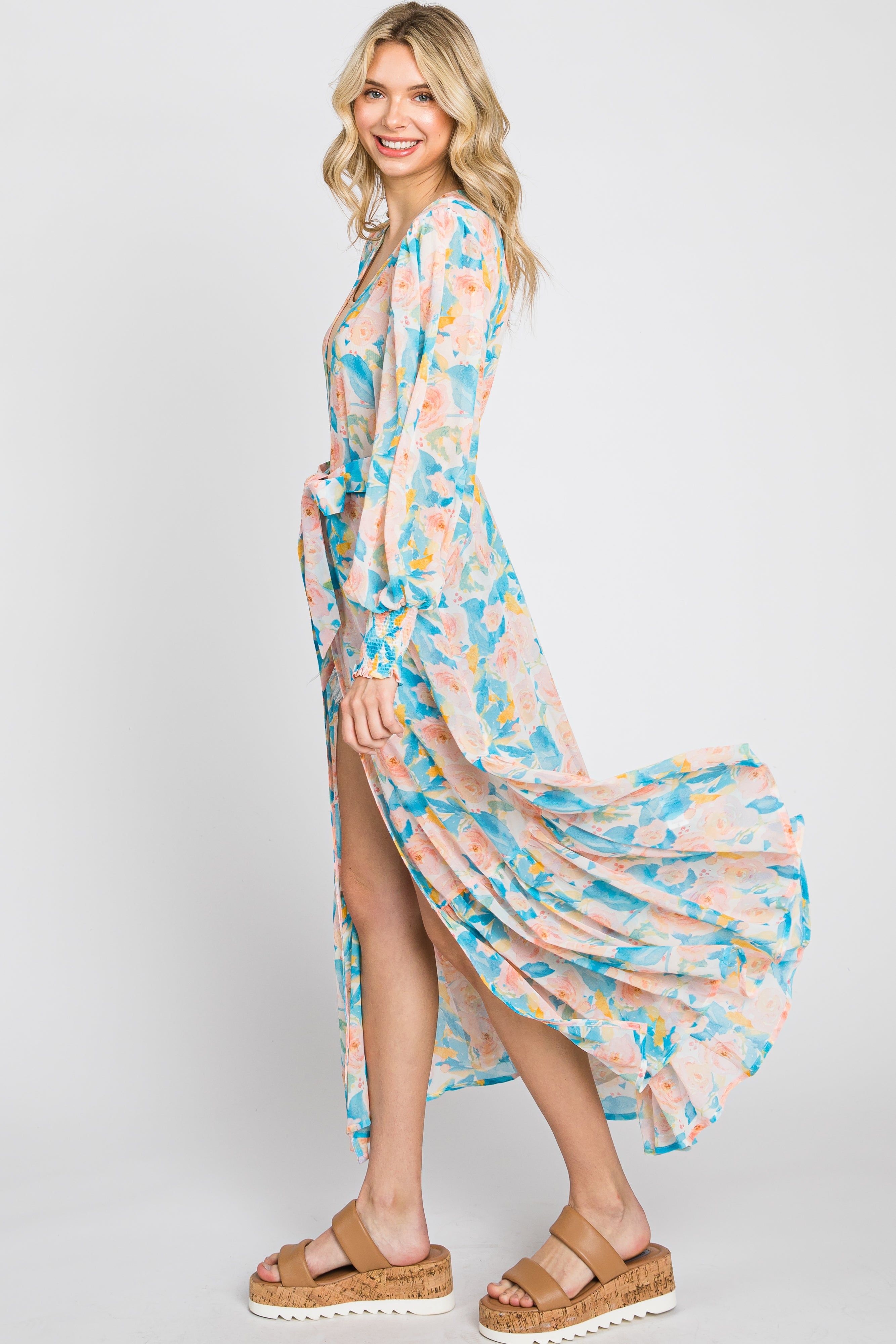 Aqua Floral Chiffon Ruffle Hem Cover-Up sold by Pinkblush product image thumbnail 2