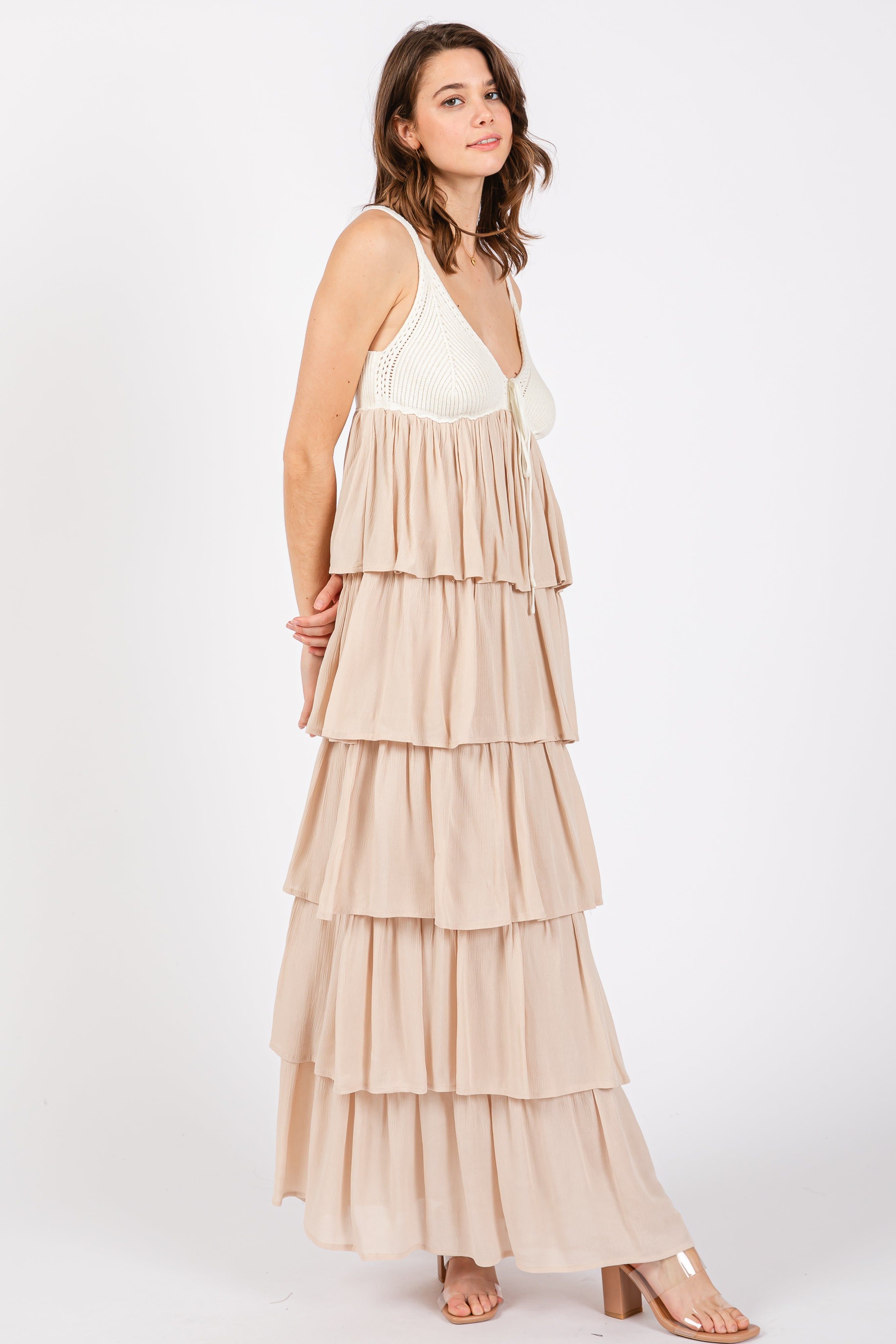 Beige Colorblock Crochet Tiered Maxi Dress sold by Pinkblush product image thumbnail 2