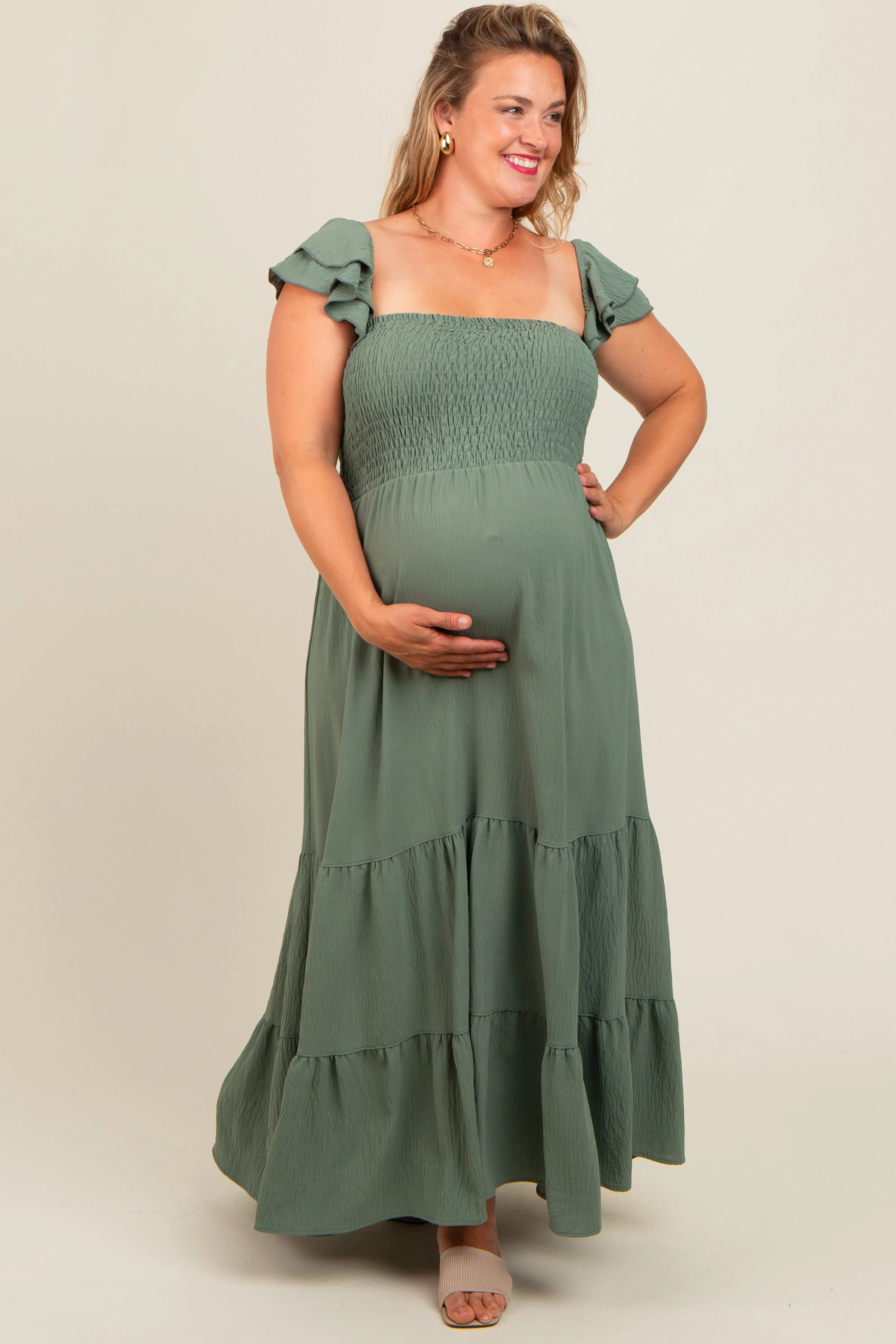 Olive Smocked Ruffle Layered Short Sleeve Tiered Maternity Maxi Dress sold by Pinkblush