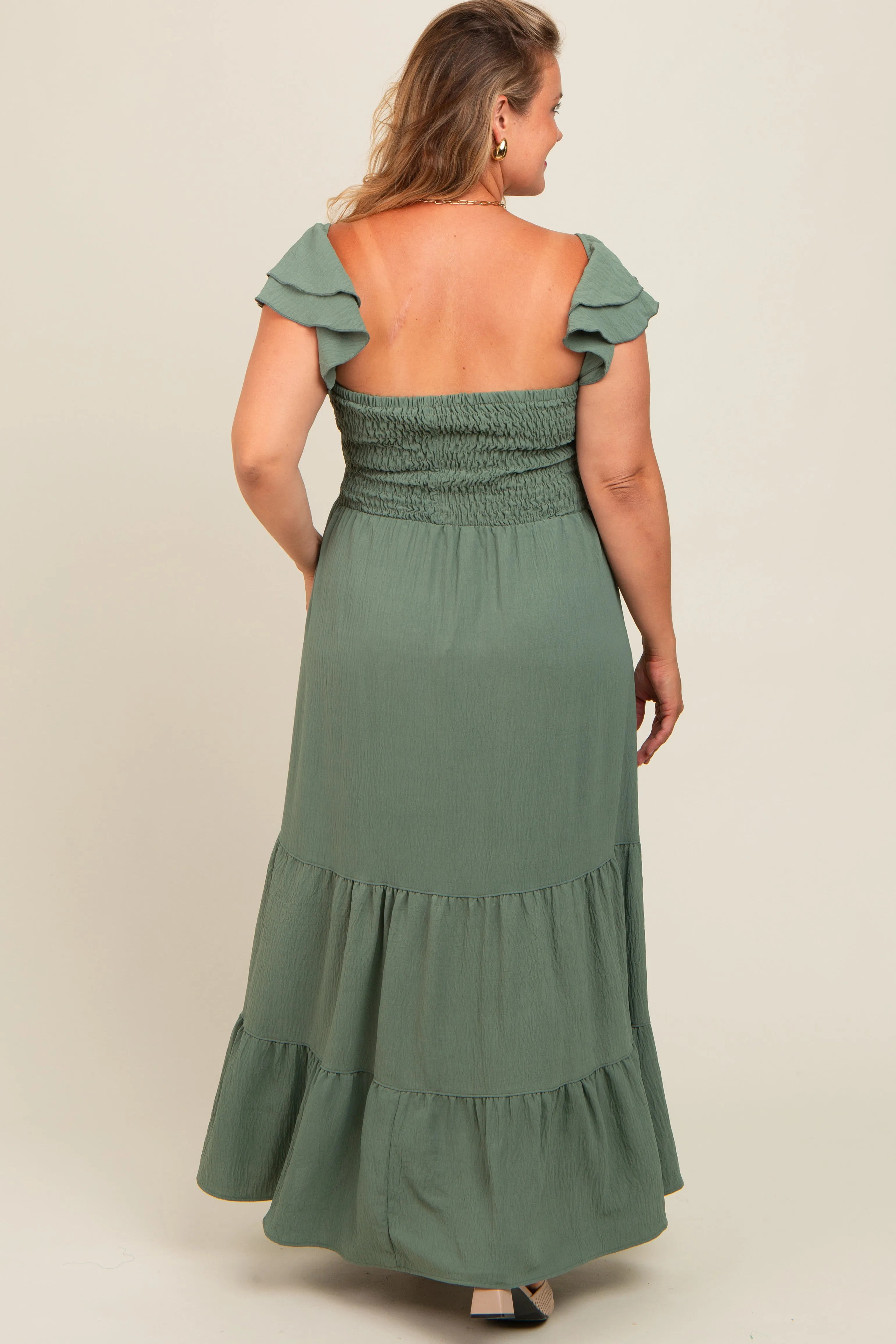 Olive Smocked Ruffle Layered Short Sleeve Tiered Maternity Maxi Dress sold by Pinkblush product image thumbnail 2