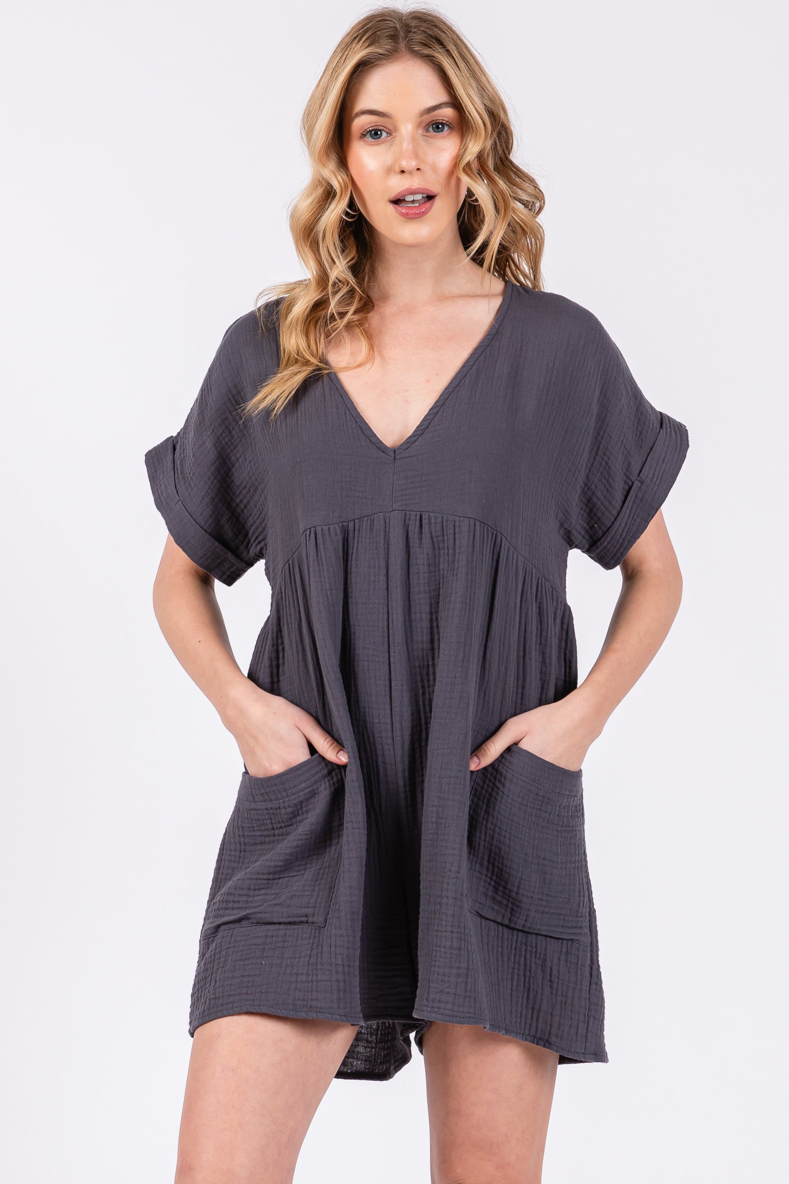 Charcoal Gauze Short Sleeve Maternity Romper sold by Pinkblush product image thumbnail 4