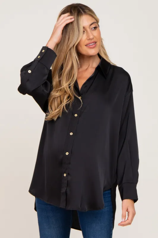 Black Satin Button Up Maternity Blouse sold by Pinkblush