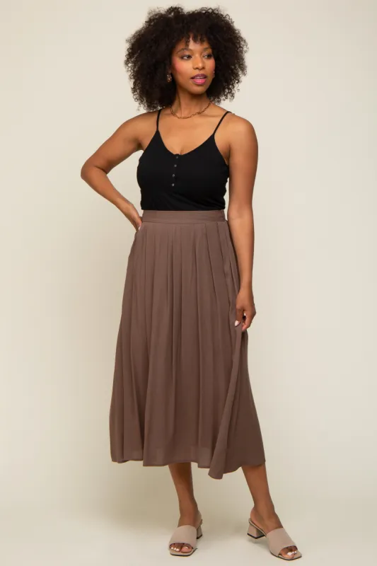 Brown Pleated Midi Skirt sold by Pinkblush