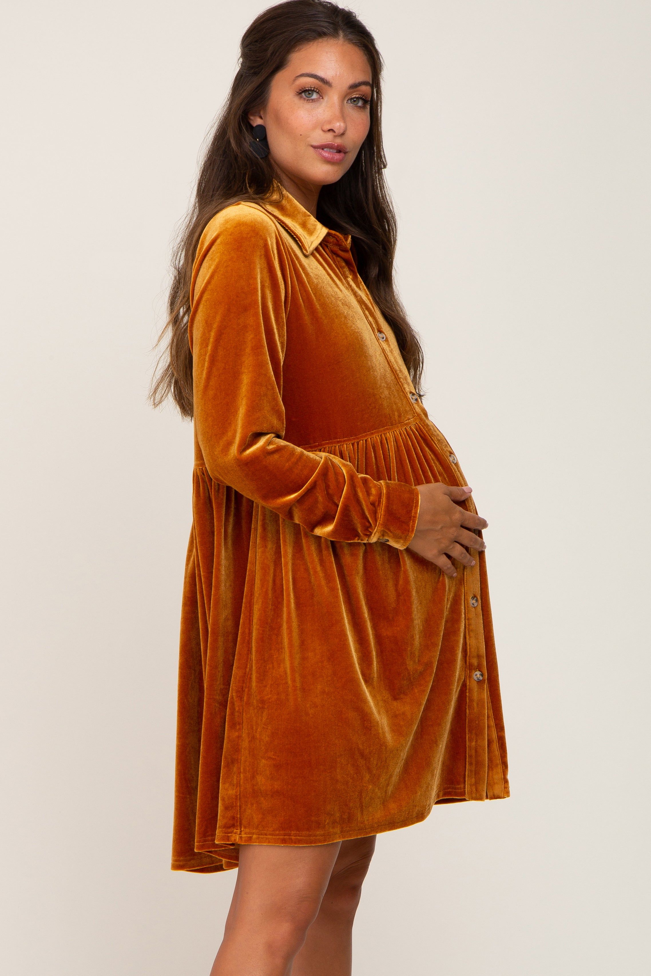 Dark Yellow Velvet Button Down Maternity Mini Dress sold by Pinkblush product image thumbnail 3