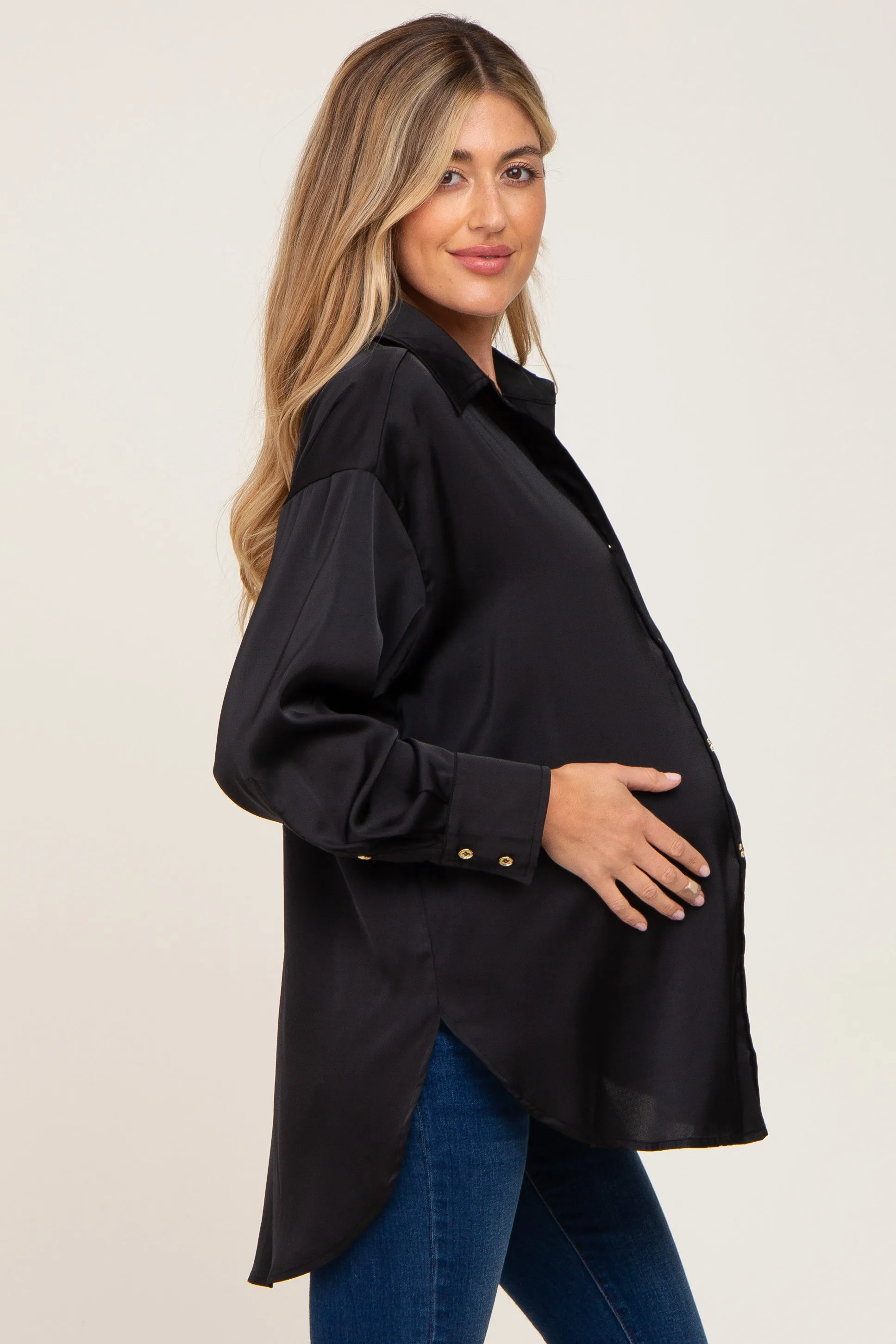 Black Satin Button Up Maternity Blouse sold by Pinkblush product image thumbnail 2