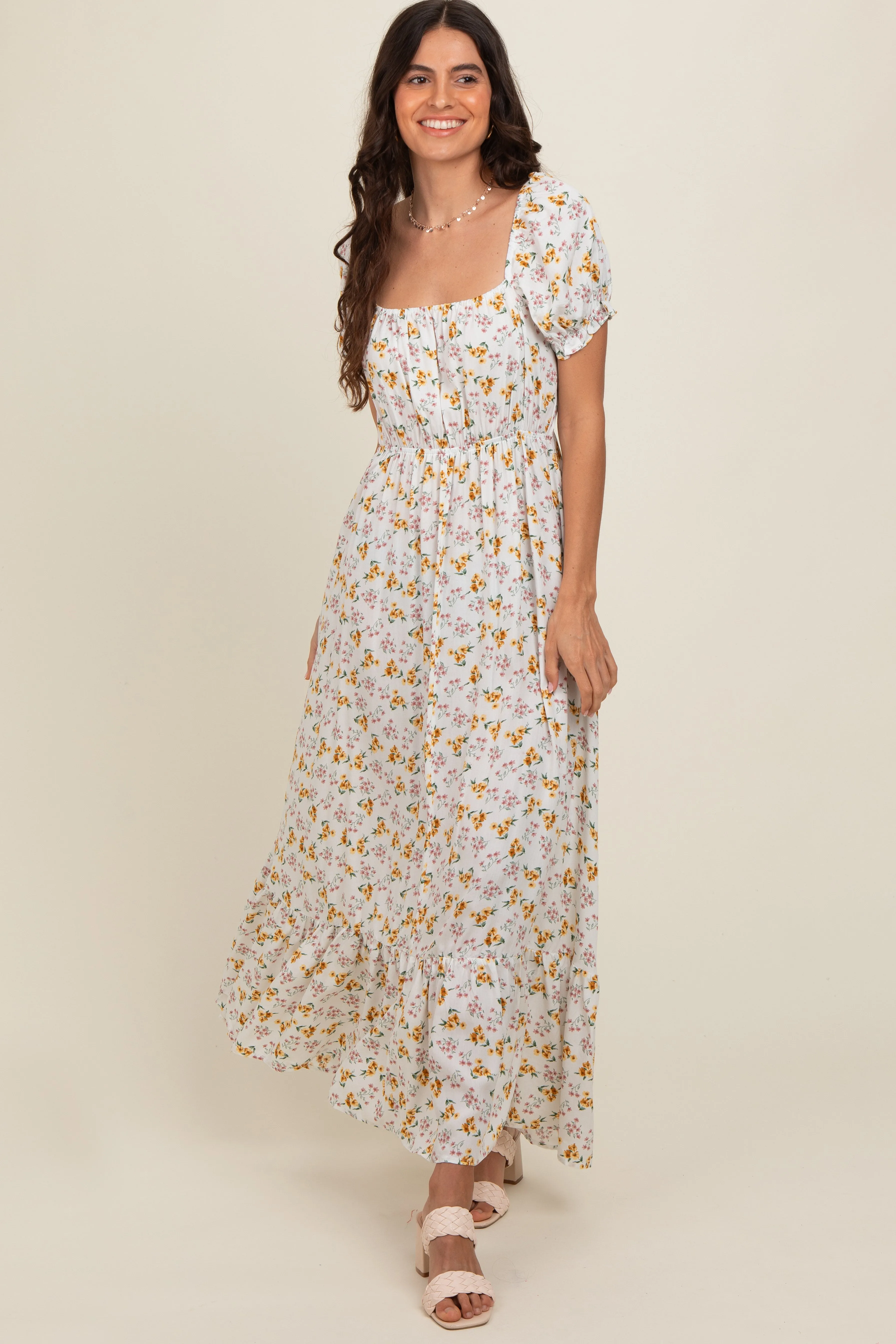 Ivory Floral Short Sleeve Maxi Dress sold by Pinkblush