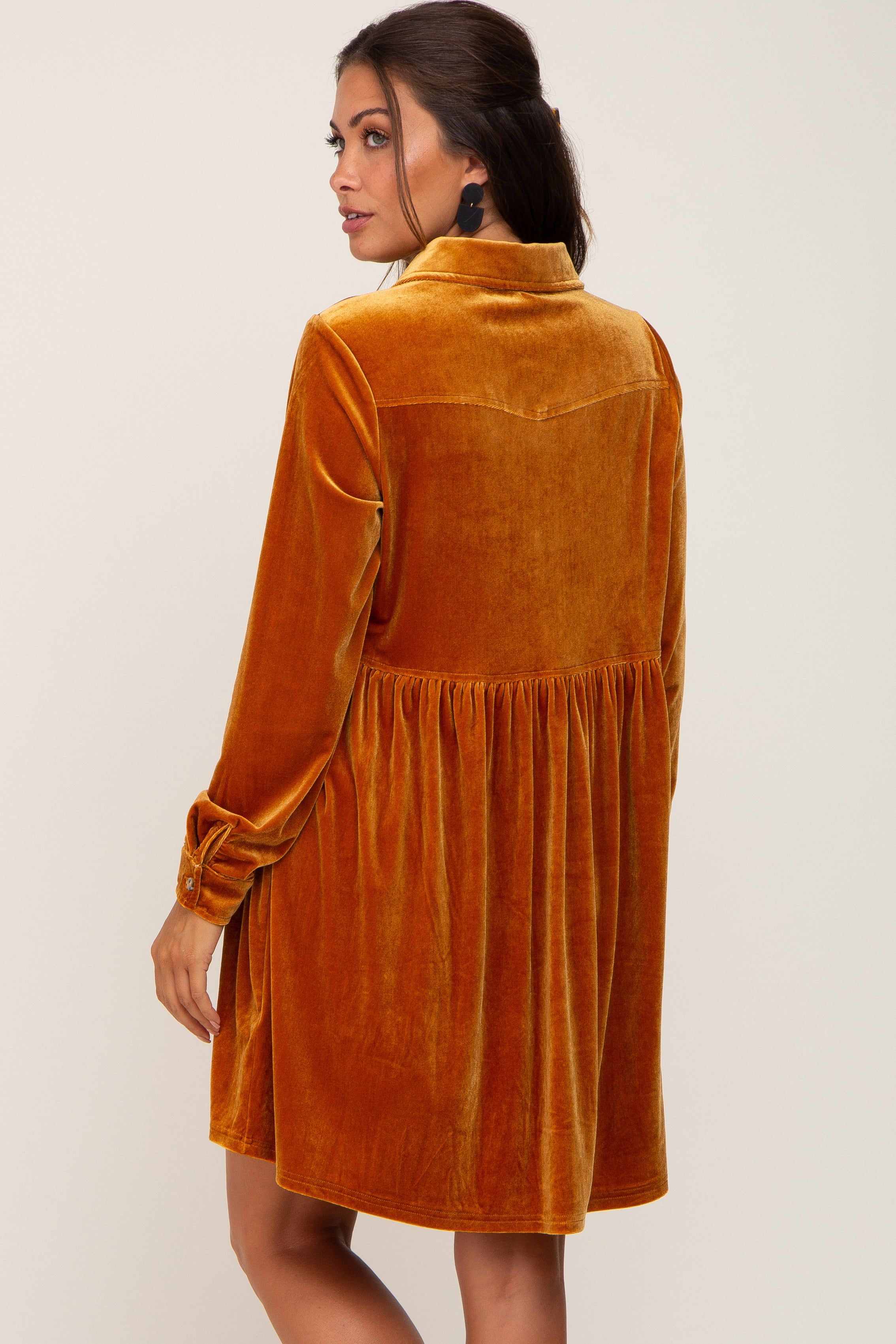 Dark Yellow Velvet Button Down Maternity Mini Dress sold by Pinkblush product image thumbnail 4