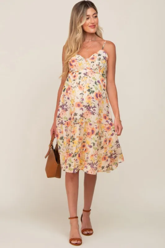 Peach Floral Button Tiered Maternity Midi Dress sold by Pinkblush