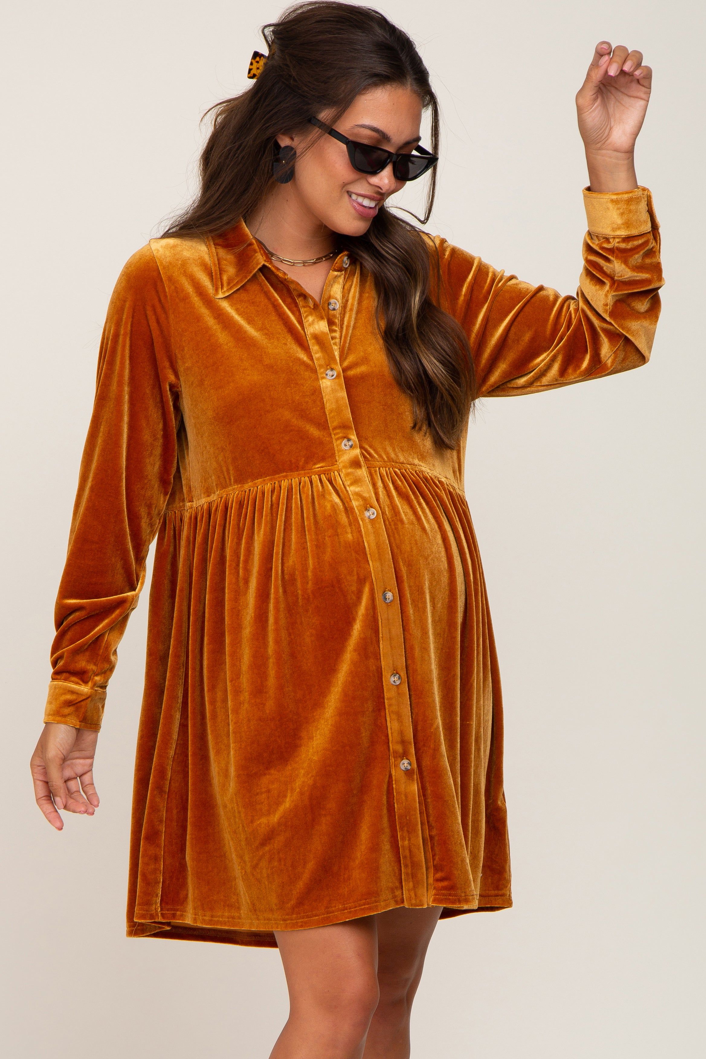 Dark Yellow Velvet Button Down Maternity Mini Dress sold by Pinkblush product image thumbnail 2