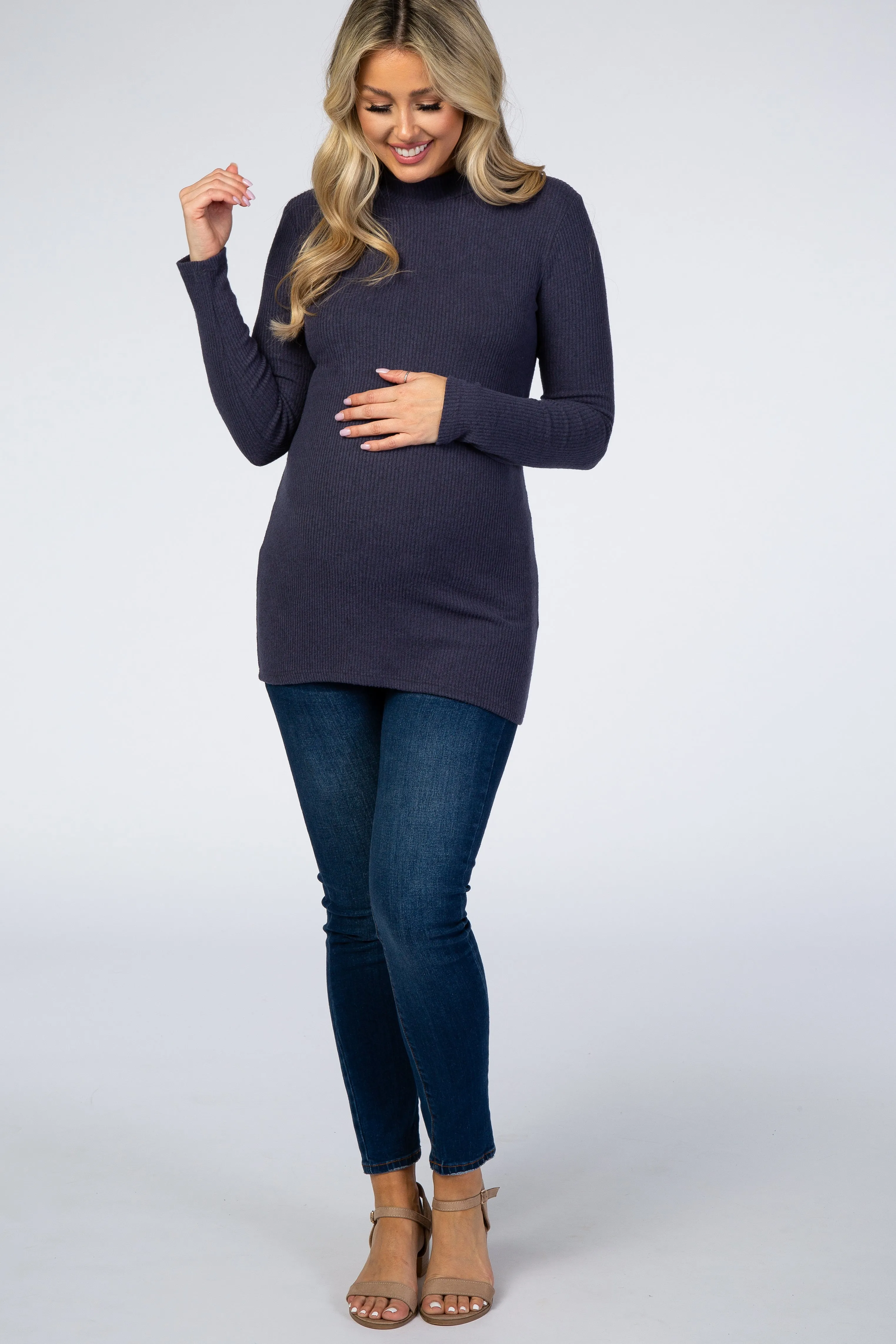 Navy Blue Ribbed Long Sleeve Mock Neck Maternity Top sold by Pinkblush product image thumbnail 4