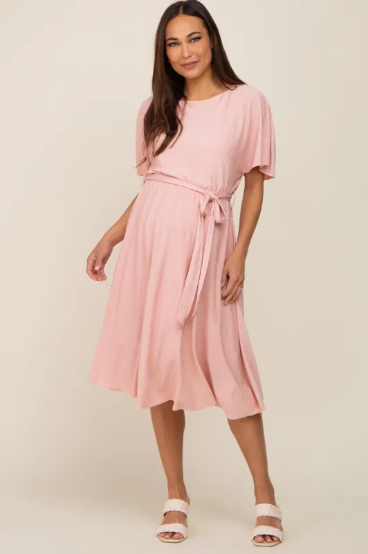 Pink Crinkle Knit Tie Waist Short Sleeve Maternity Dress sold by Pinkblush