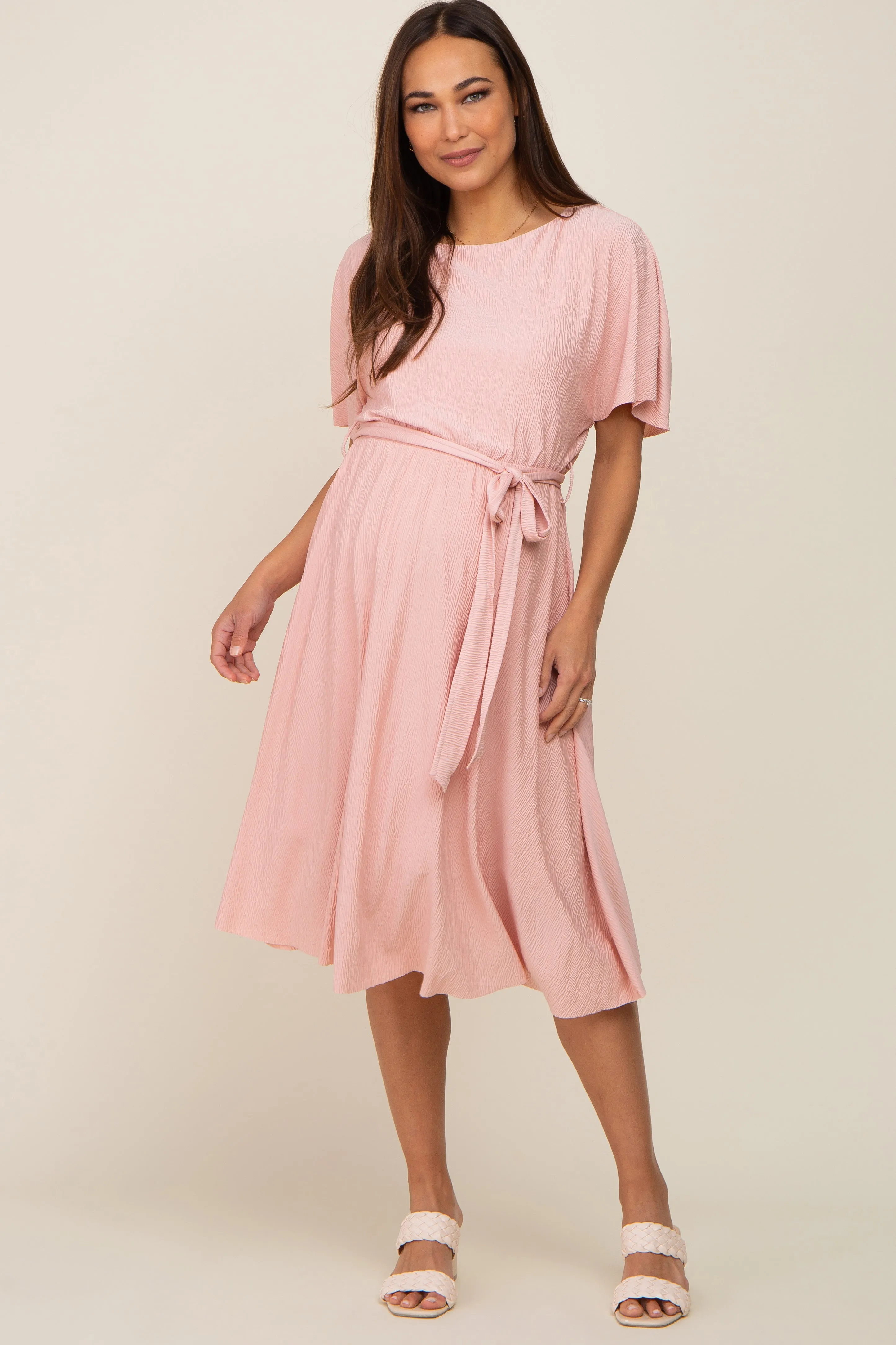 Pink Crinkle Knit Tie Waist Short Sleeve Maternity Dress sold by Pinkblush