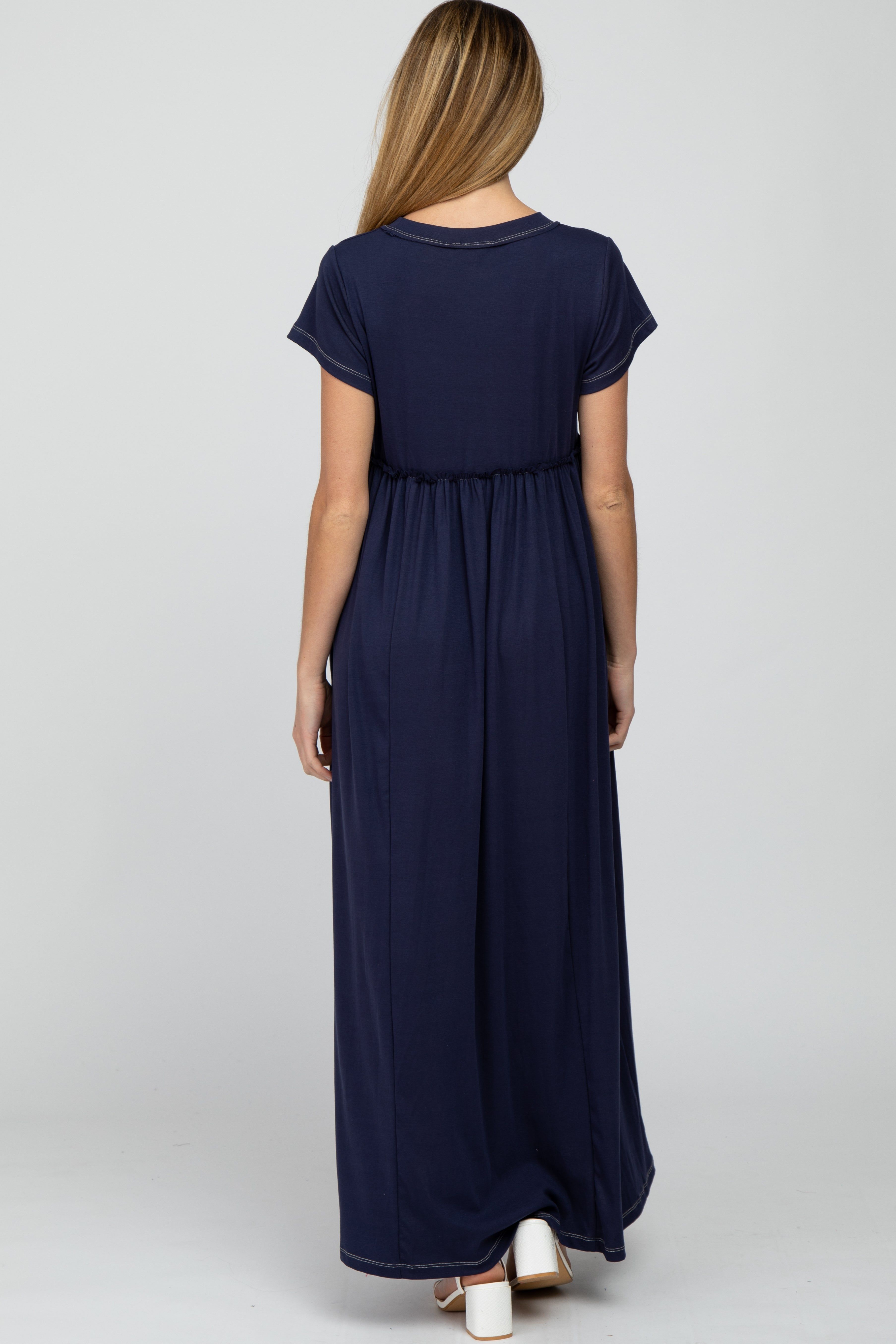 Navy Blue Short Sleeve Babydoll Maternity Maxi Dress sold by Pinkblush product image thumbnail 3