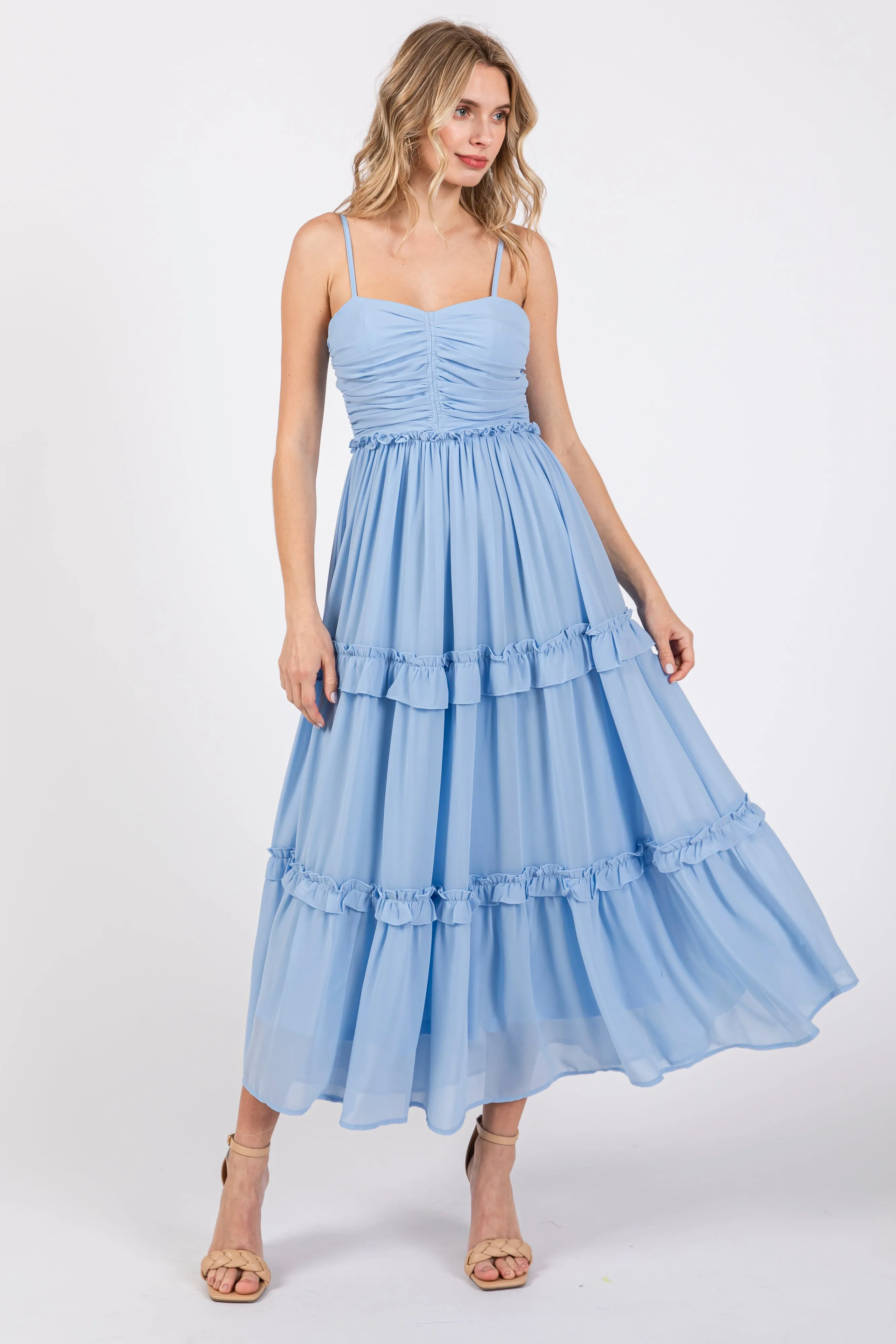 Light Blue Sleeveless Pleated Ruffle Tiered Midi Dress sold by Pinkblush