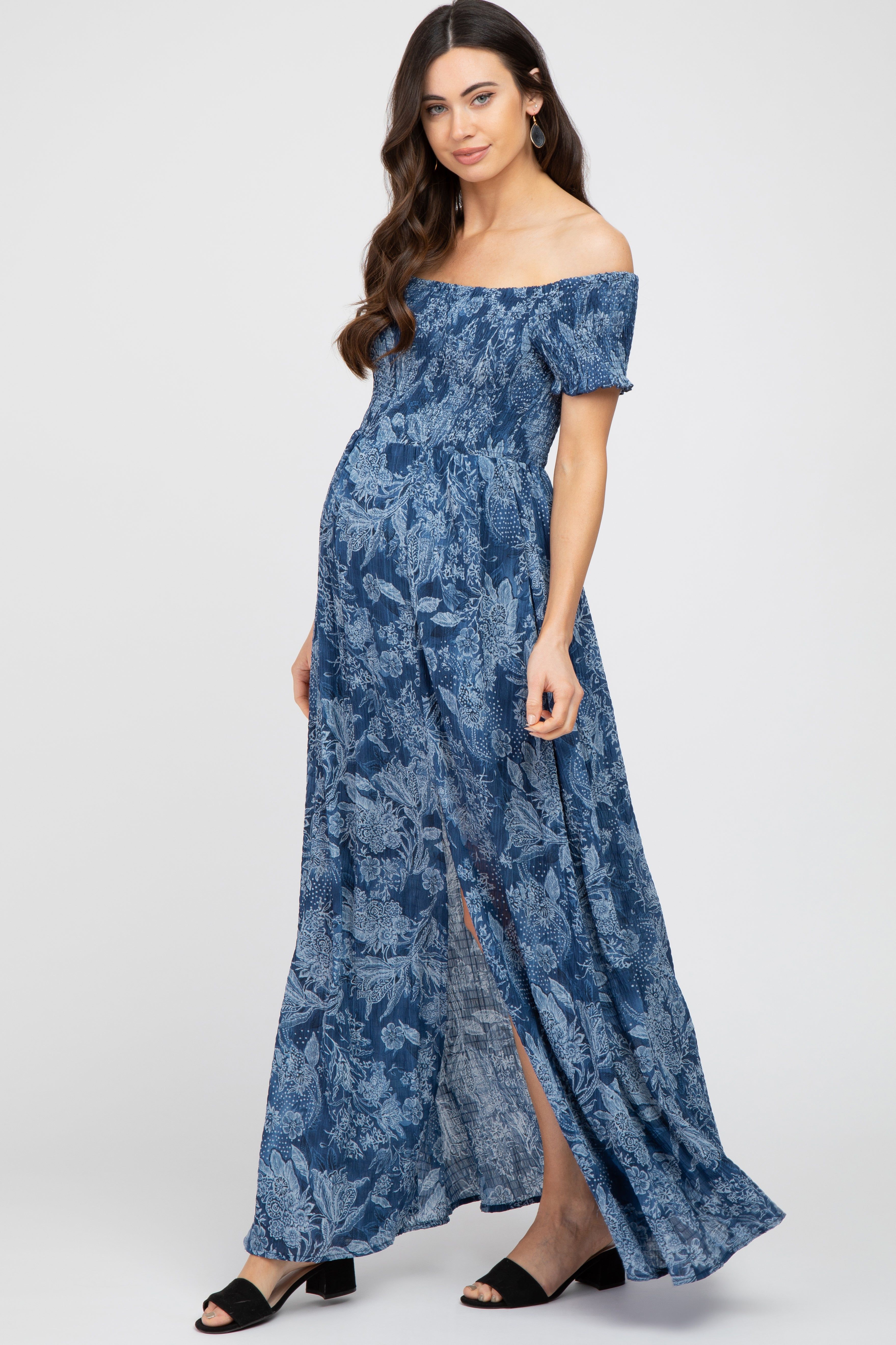 Navy Floral Off Shoulder Smocked Maternity Maxi Dress sold by Pinkblush product image thumbnail 2