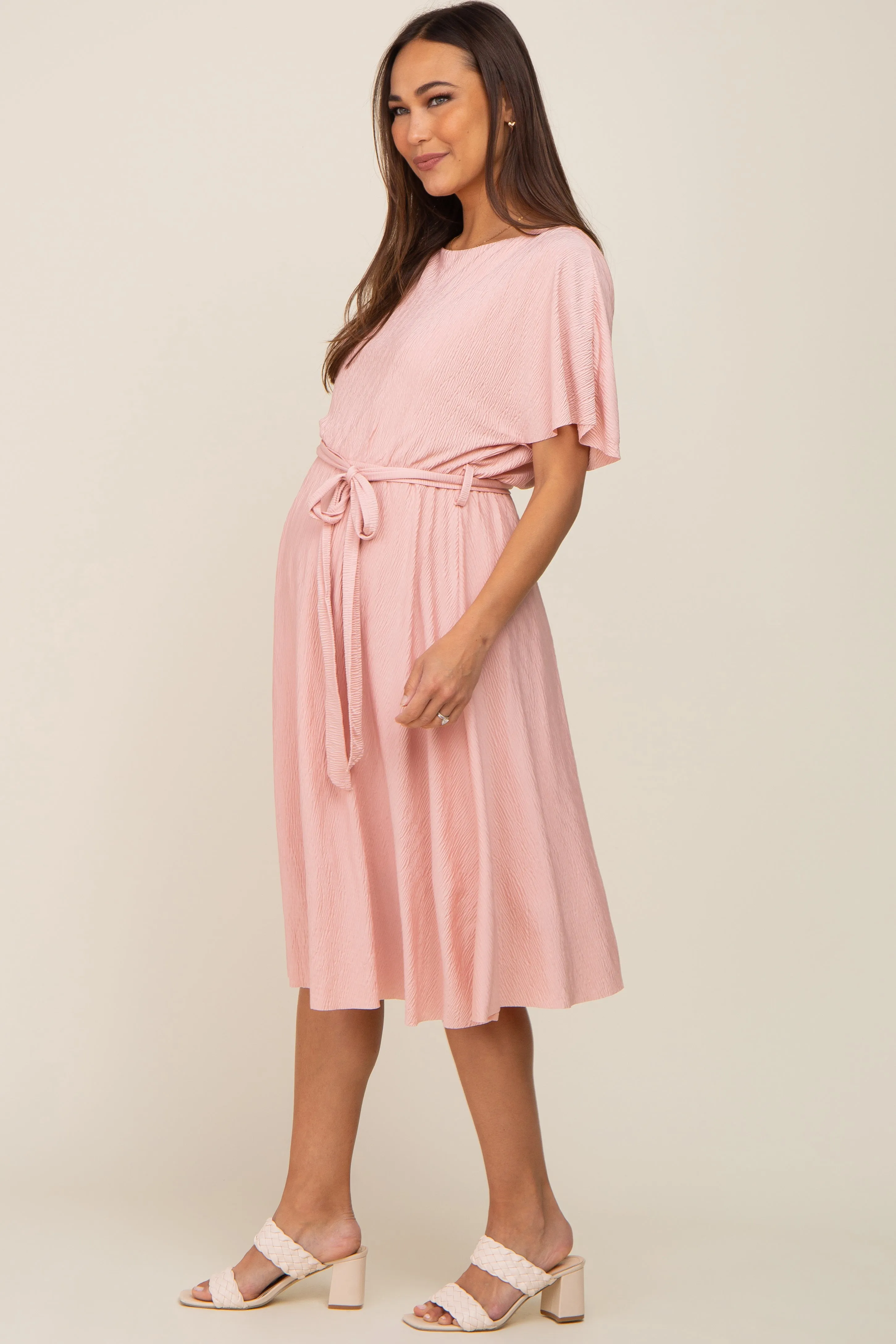 Pink Crinkle Knit Tie Waist Short Sleeve Maternity Dress sold by Pinkblush product image thumbnail 2