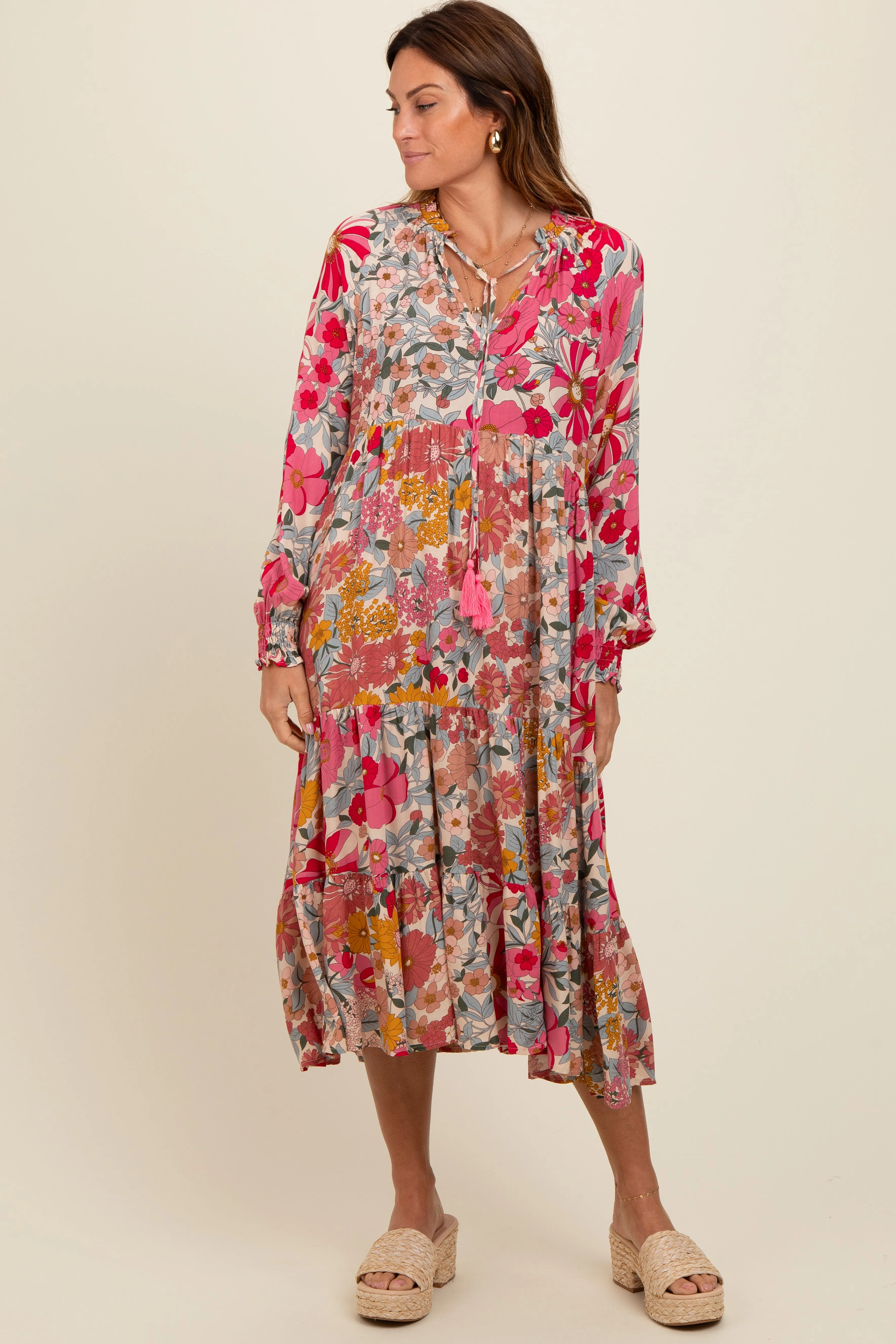 Pink Floral Tassel Tie Tiered Midi Dress sold by Pinkblush product image thumbnail 2