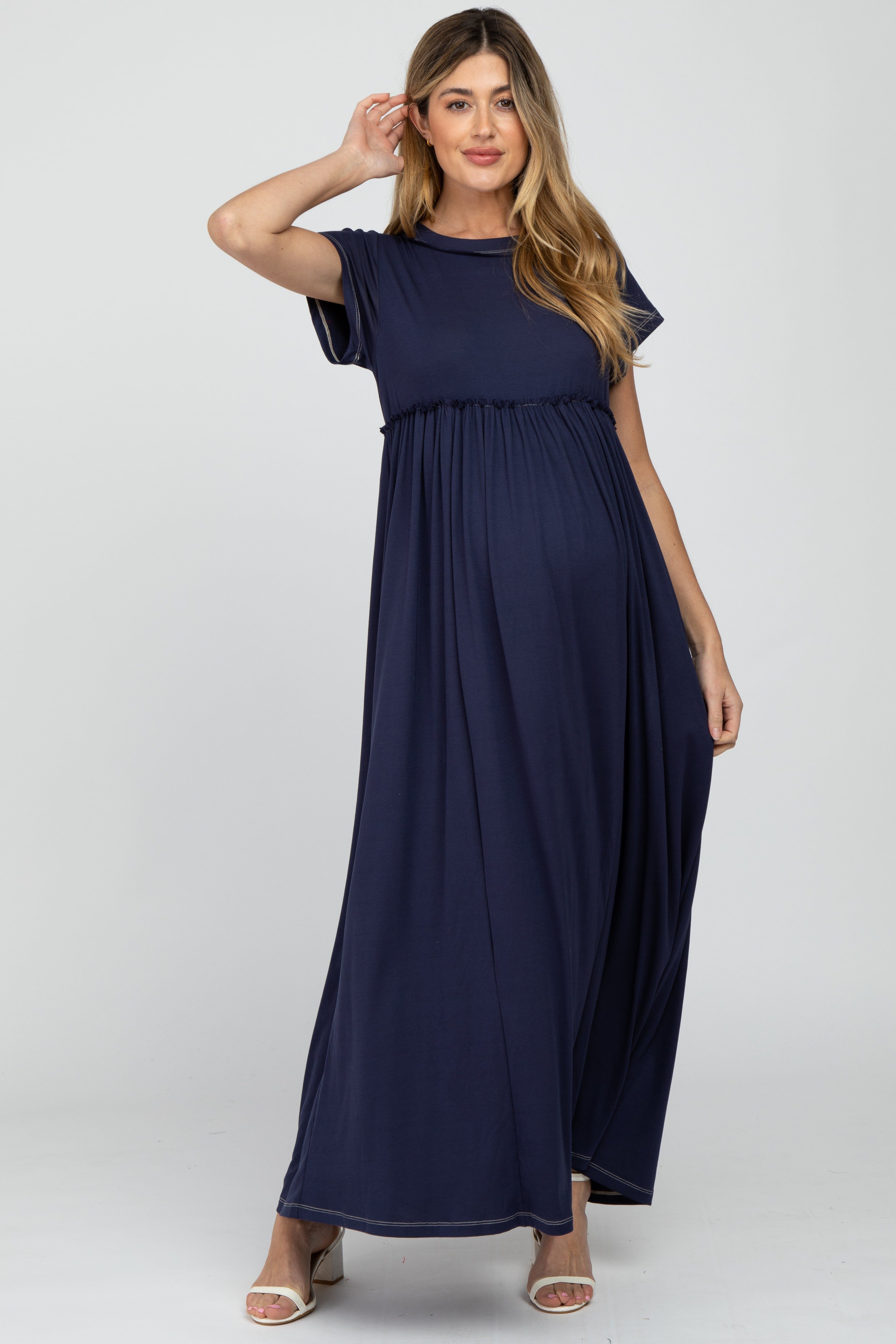 Navy Blue Short Sleeve Babydoll Maternity Maxi Dress sold by Pinkblush