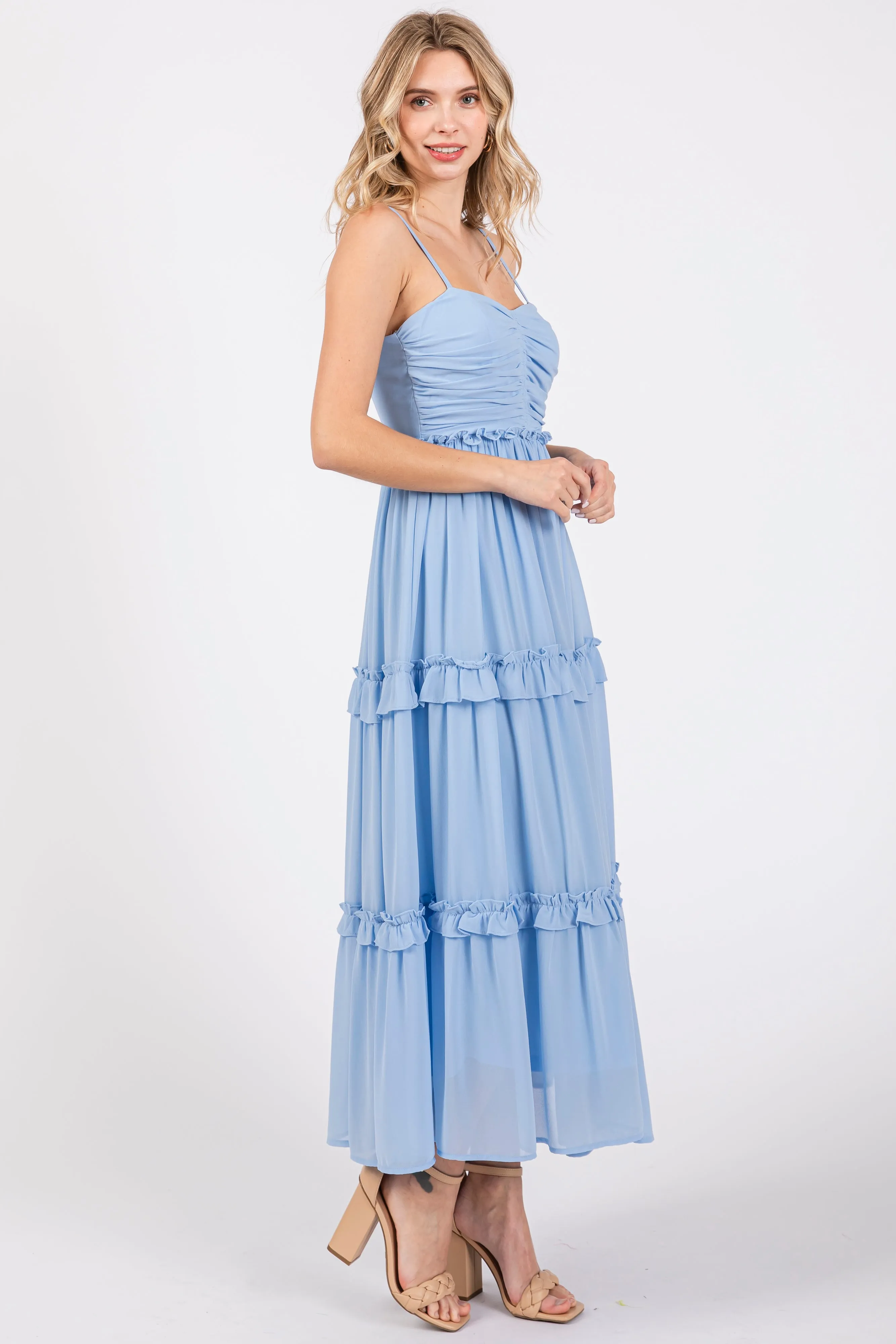Light Blue Sleeveless Pleated Ruffle Tiered Midi Dress sold by Pinkblush product image thumbnail 2