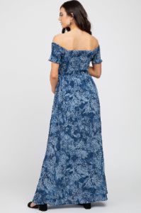 Navy Floral Off Shoulder Smocked Maternity Maxi Dress sold by Pinkblush