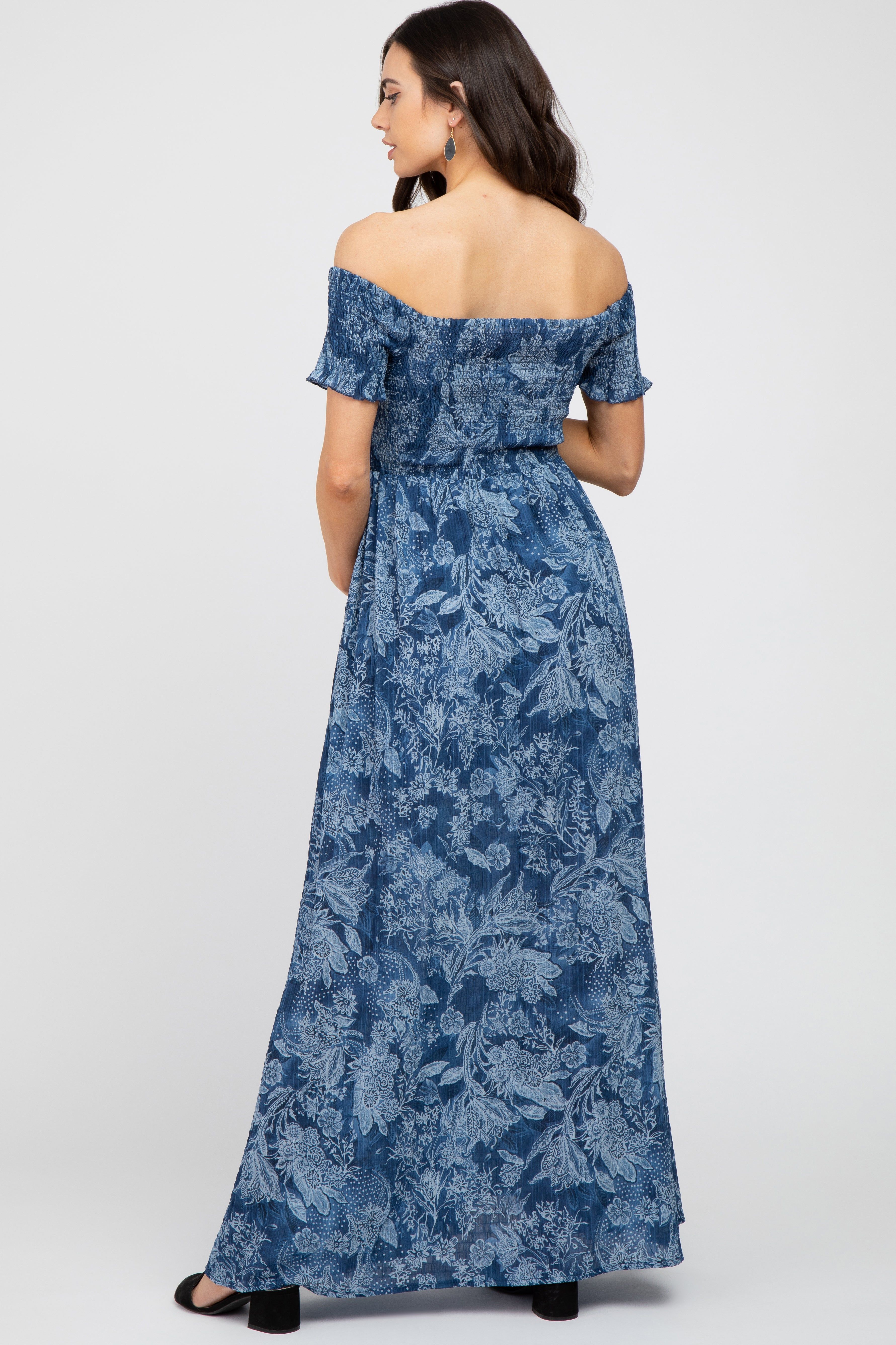 Navy Floral Off Shoulder Smocked Maternity Maxi Dress sold by Pinkblush product image thumbnail 3