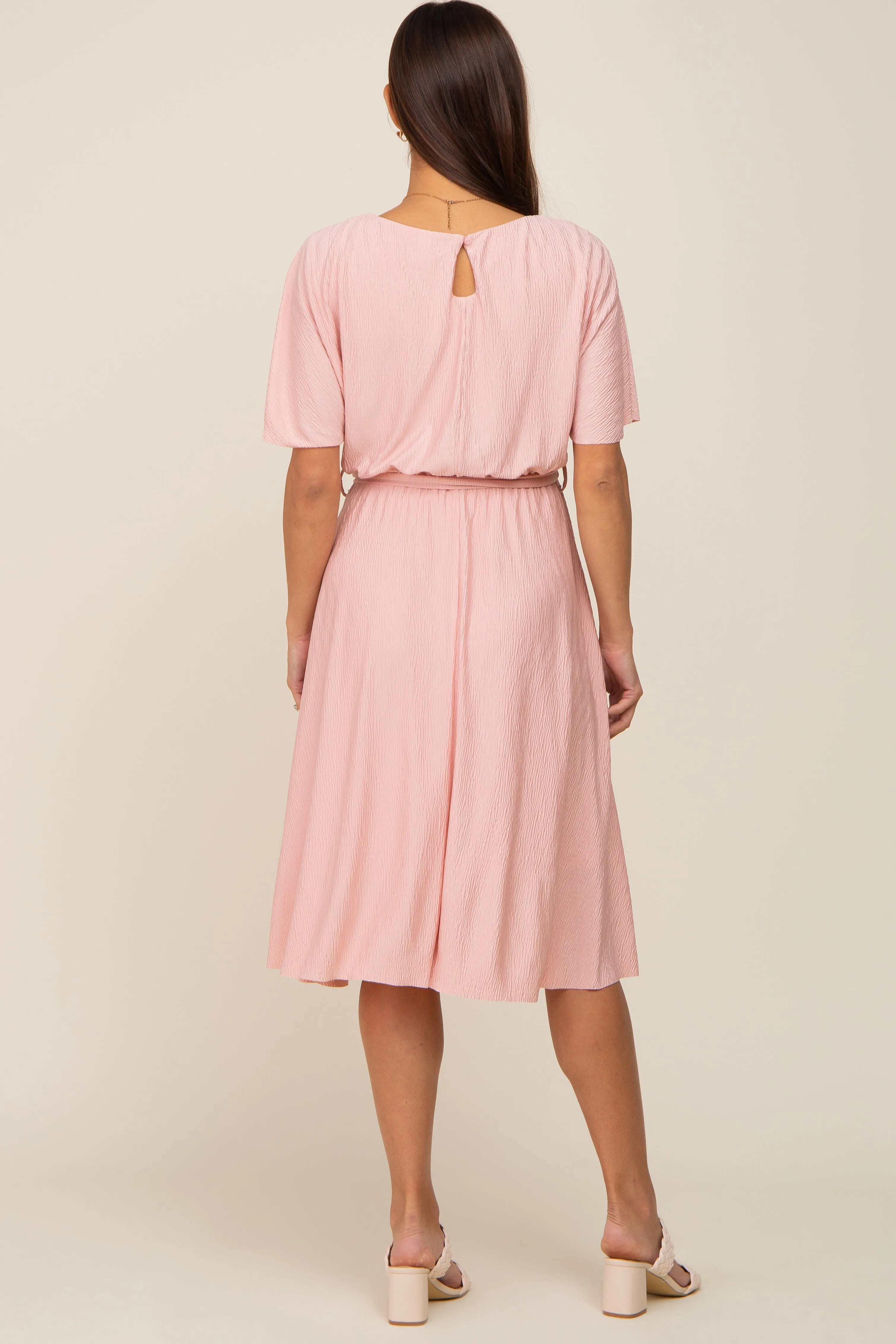 Pink Crinkle Knit Tie Waist Short Sleeve Maternity Dress sold by Pinkblush product image thumbnail 3