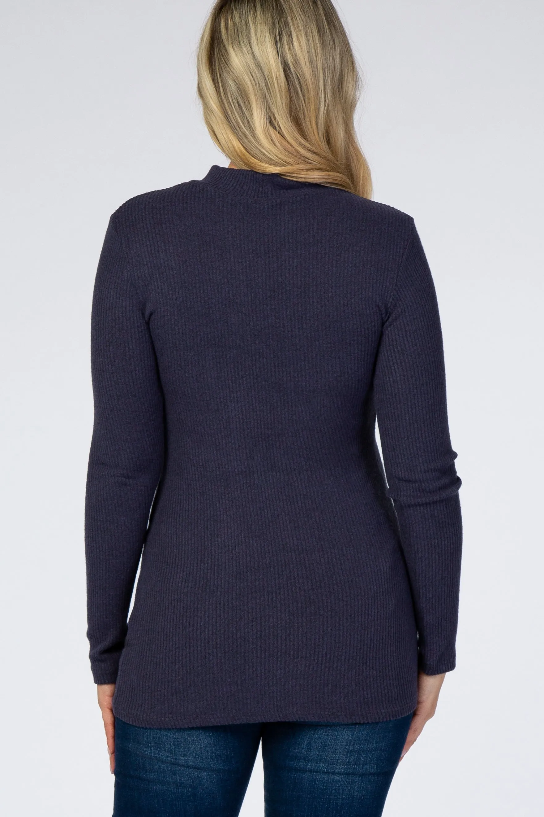 Navy Blue Ribbed Long Sleeve Mock Neck Maternity Top sold by Pinkblush product image thumbnail 3