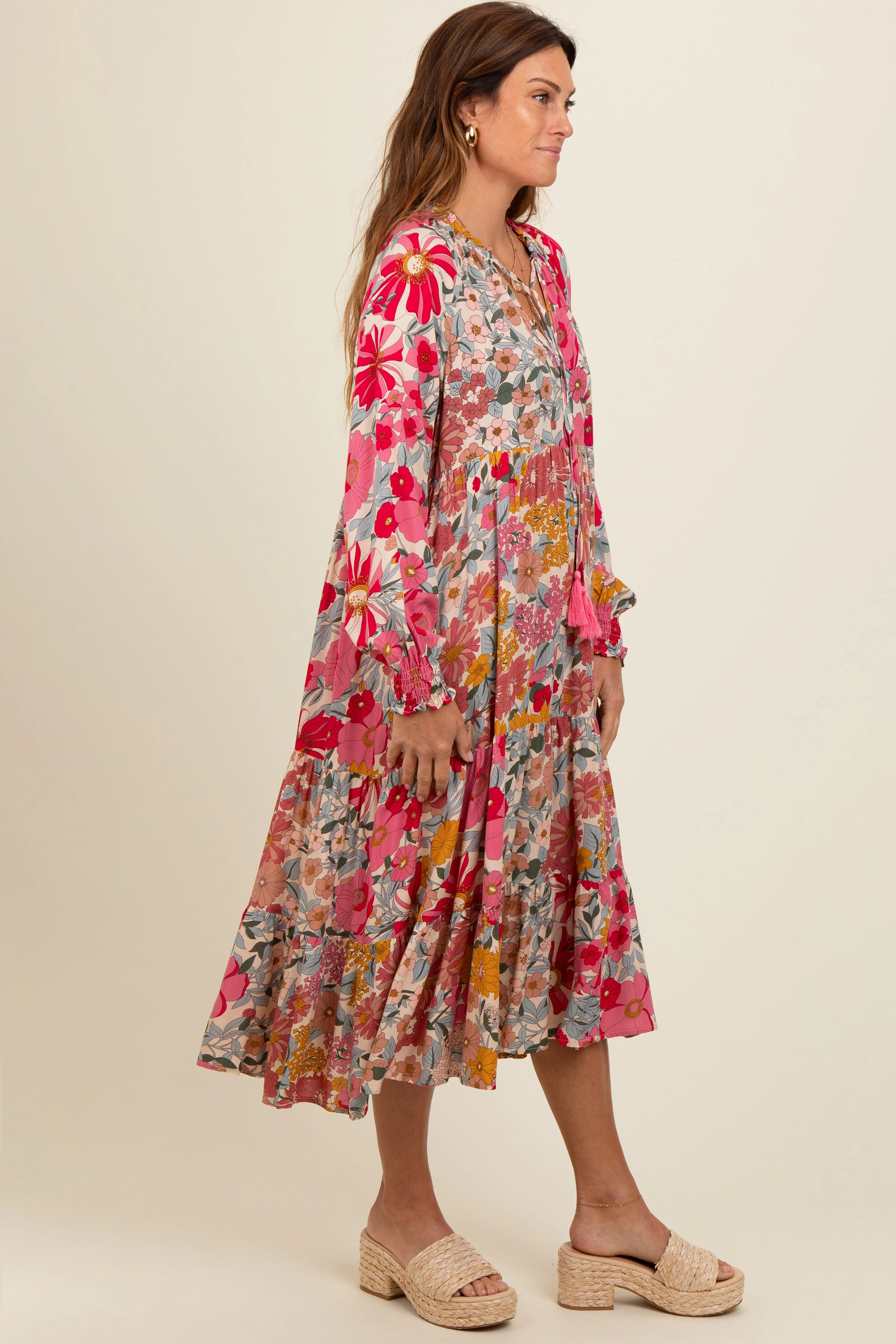 Pink Floral Tassel Tie Tiered Midi Dress sold by Pinkblush product image thumbnail 3