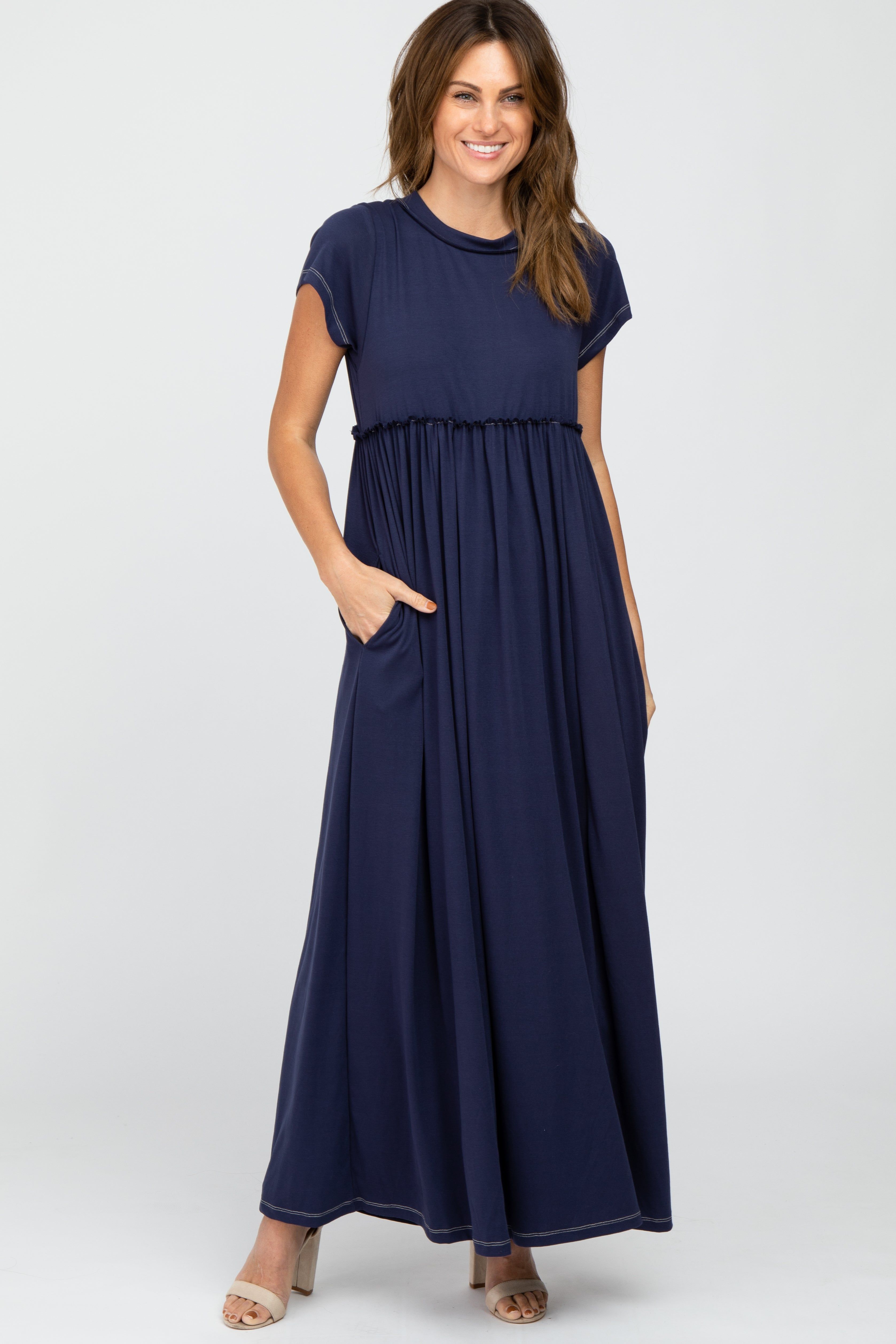 Navy Blue Short Sleeve Babydoll Maternity Maxi Dress sold by Pinkblush product image thumbnail 5