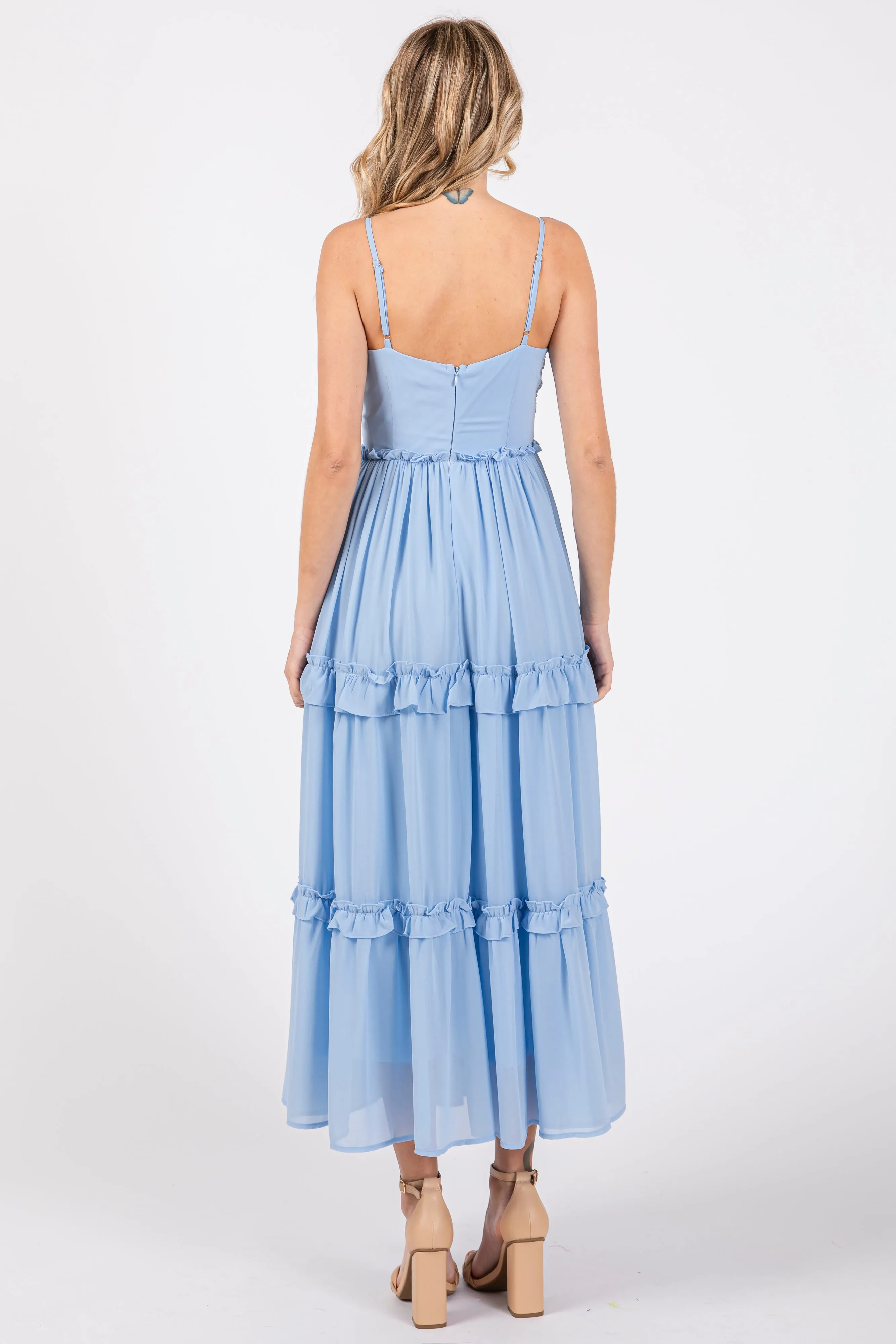 Light Blue Sleeveless Pleated Ruffle Tiered Midi Dress sold by Pinkblush product image thumbnail 3