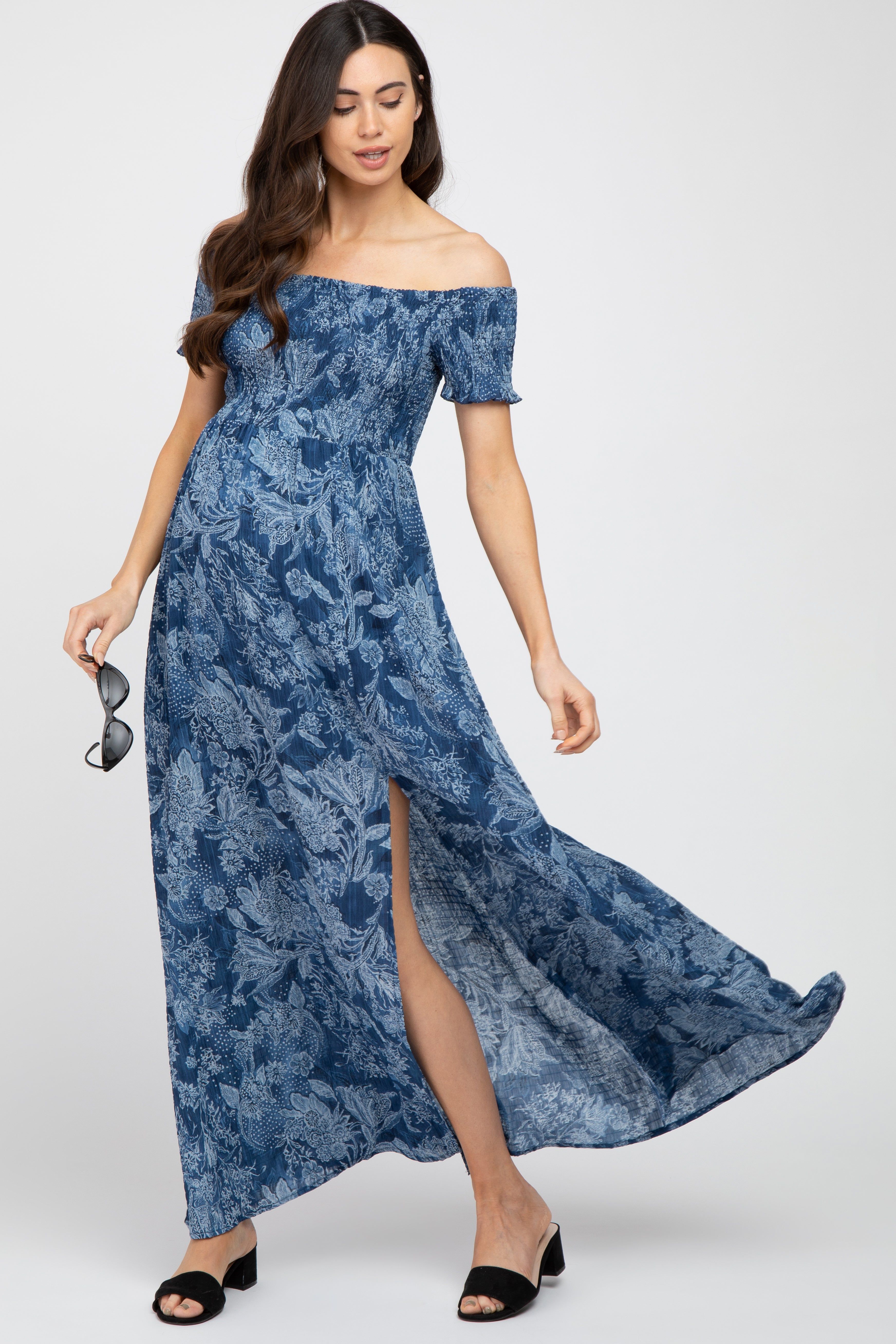Navy Floral Off Shoulder Smocked Maternity Maxi Dress sold by Pinkblush