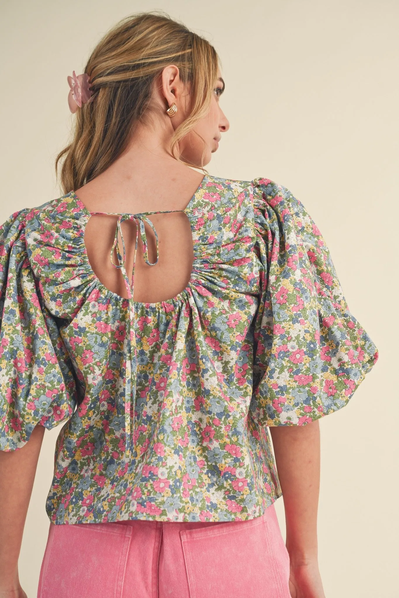 Ivory Pink Multi Floral Drawstring Open Back Bubble Sleeve Top sold by Pinkblush product image thumbnail 5