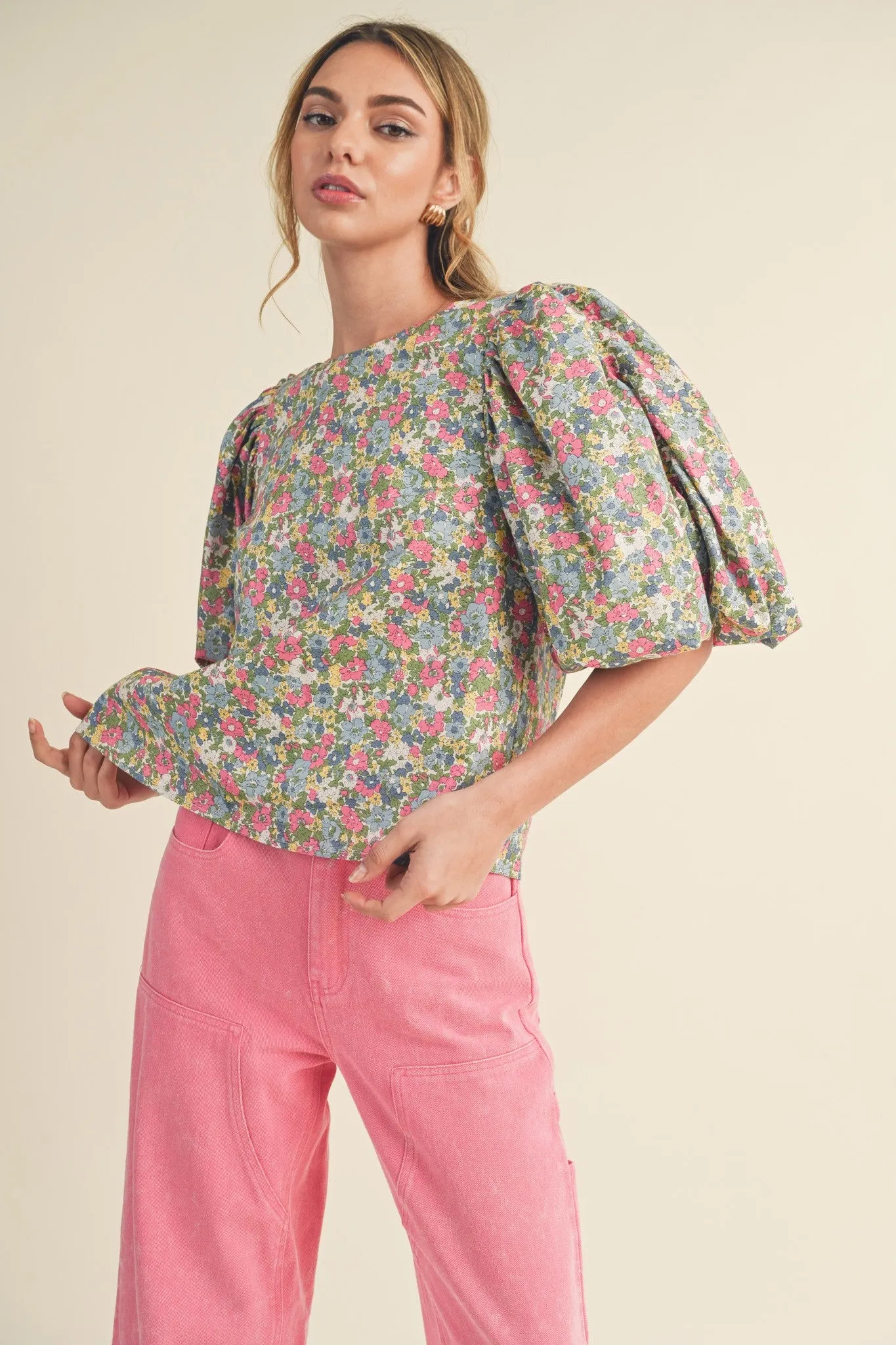 Ivory Pink Multi Floral Drawstring Open Back Bubble Sleeve Top sold by Pinkblush product image thumbnail 2