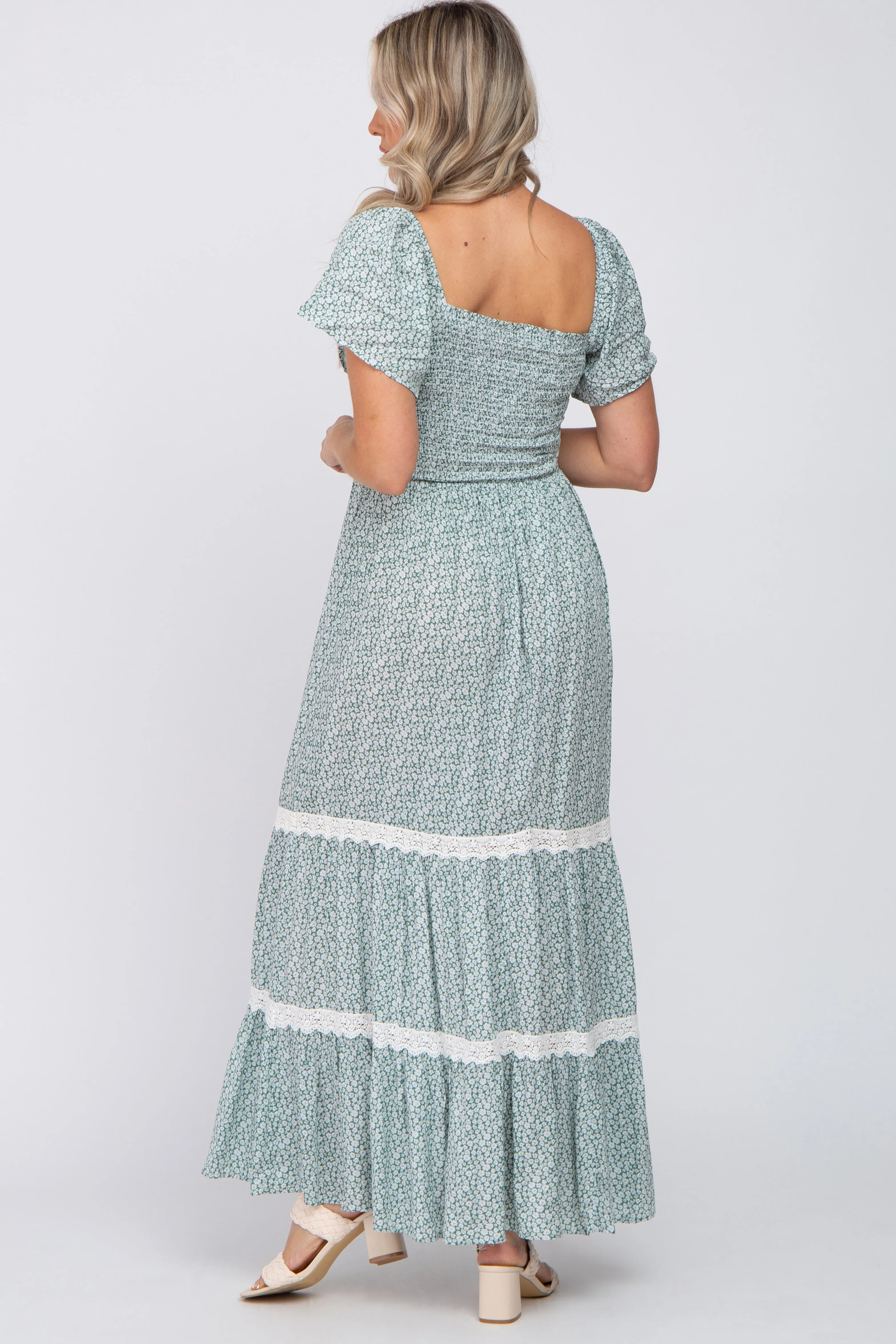 Green Floral Square Neck Smocked Front Lace Trim Maternity Maxi Dress sold by Pinkblush product image thumbnail 3