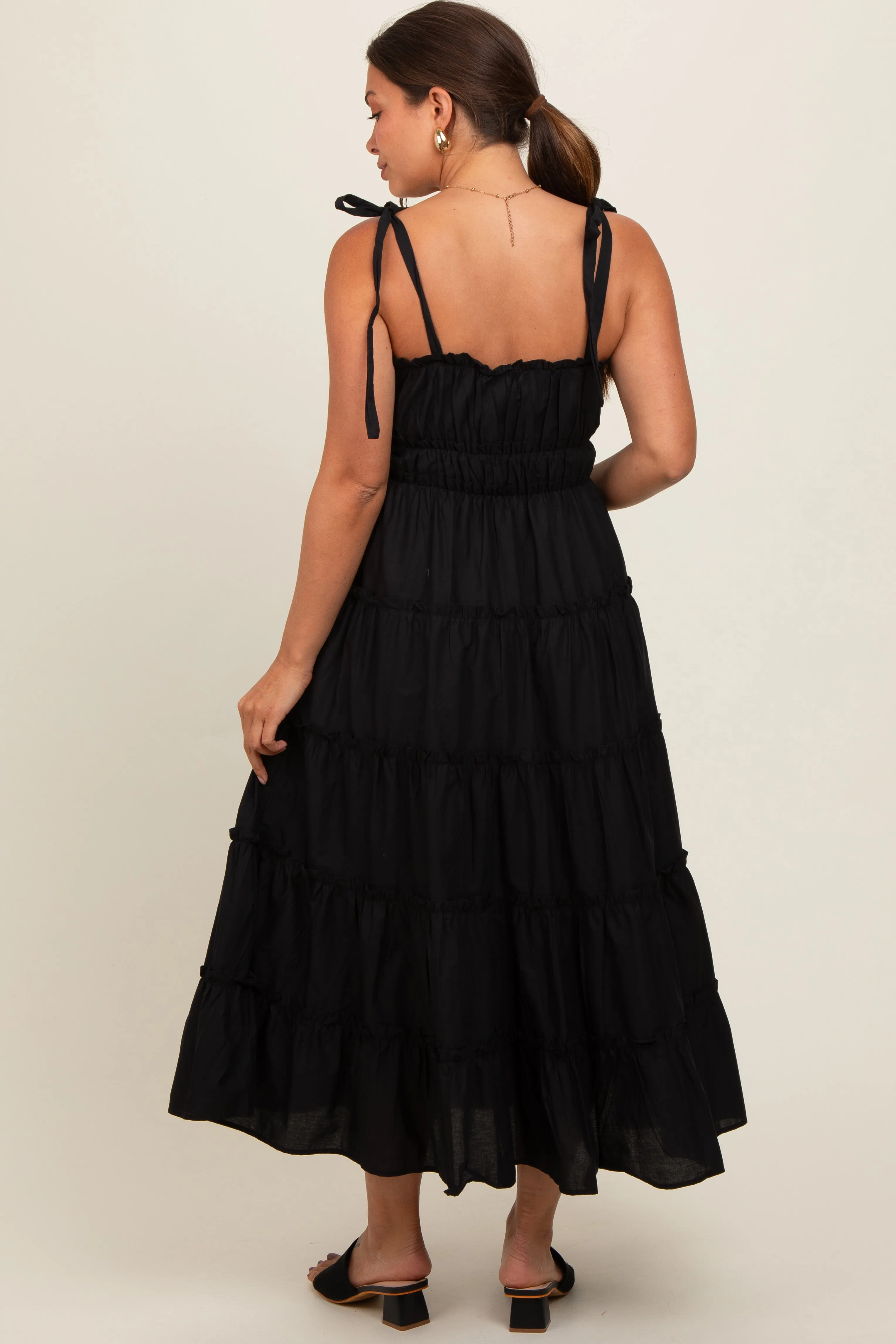 Black Tiered Tie Strap Maternity Midi Dress sold by Pinkblush product image thumbnail 4