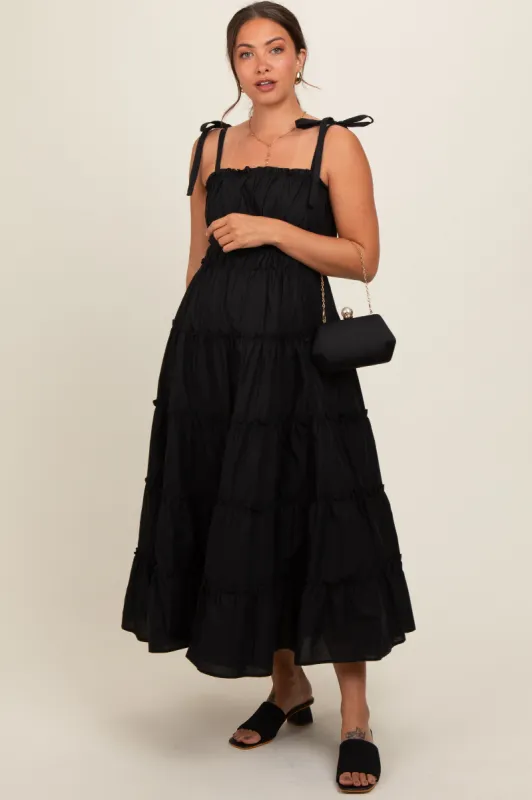 Black Tiered Tie Strap Maternity Midi Dress sold by Pinkblush