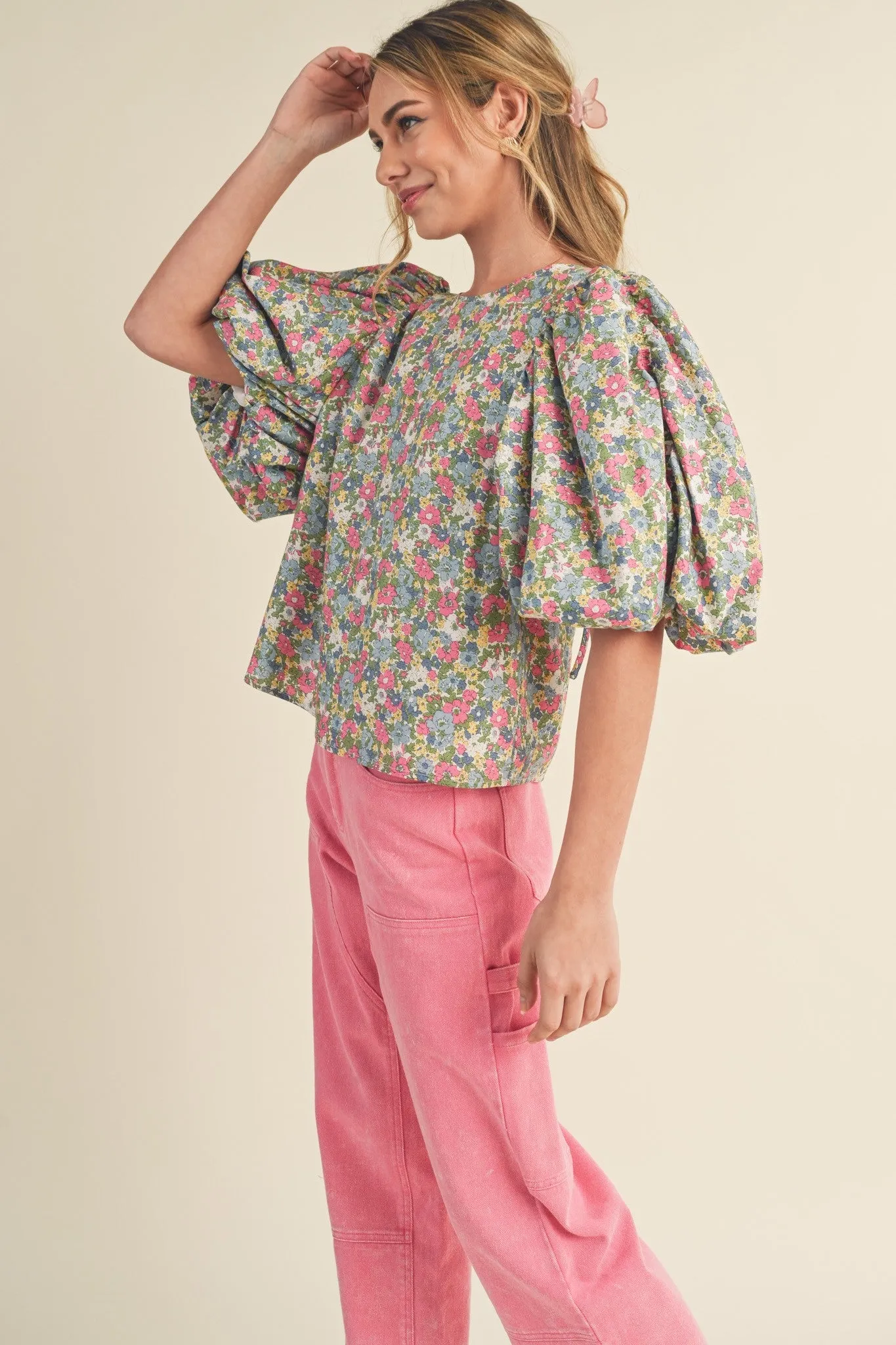 Ivory Pink Multi Floral Drawstring Open Back Bubble Sleeve Top sold by Pinkblush product image thumbnail 3