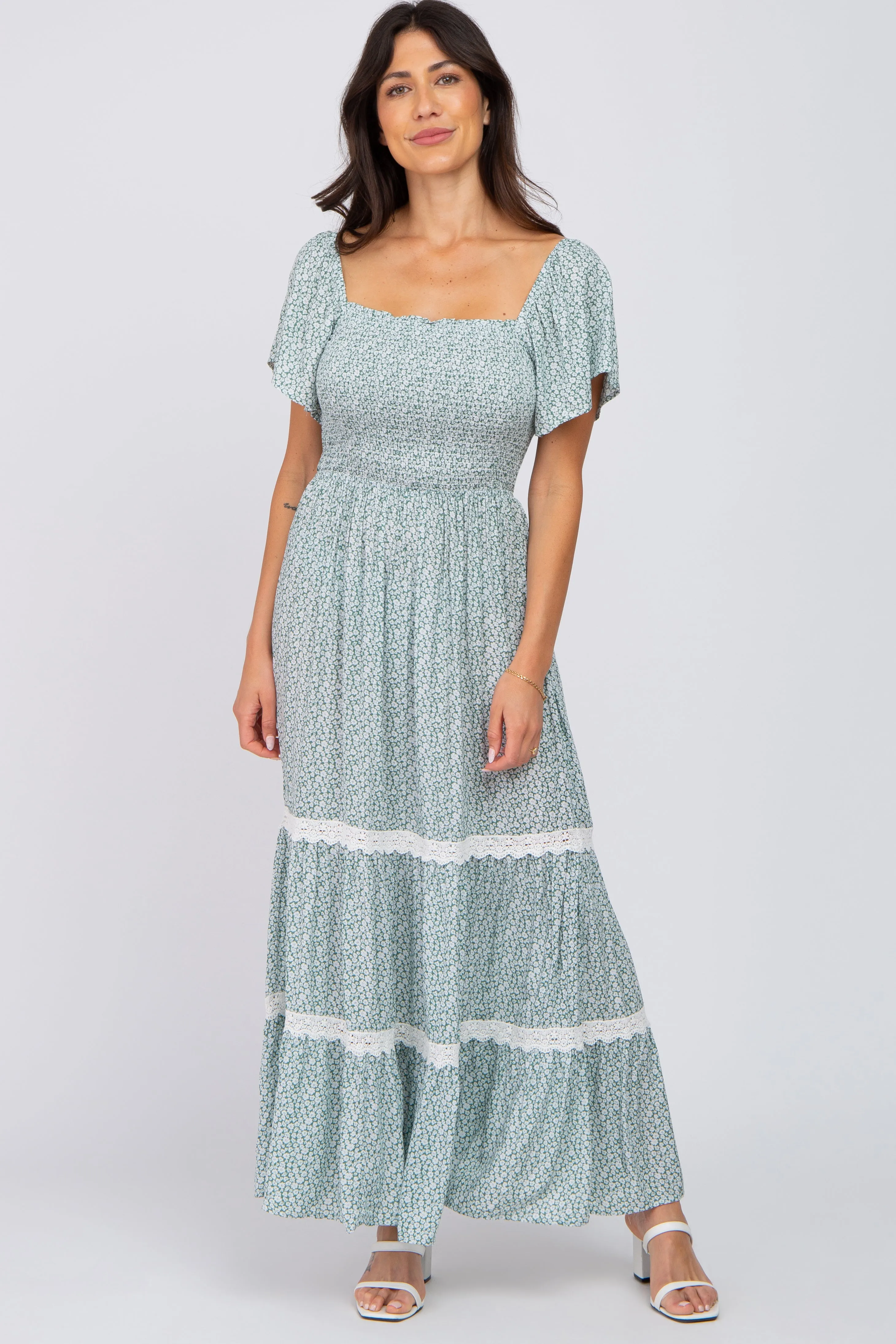 Green Floral Square Neck Smocked Front Lace Trim Maternity Maxi Dress sold by Pinkblush product image thumbnail 4