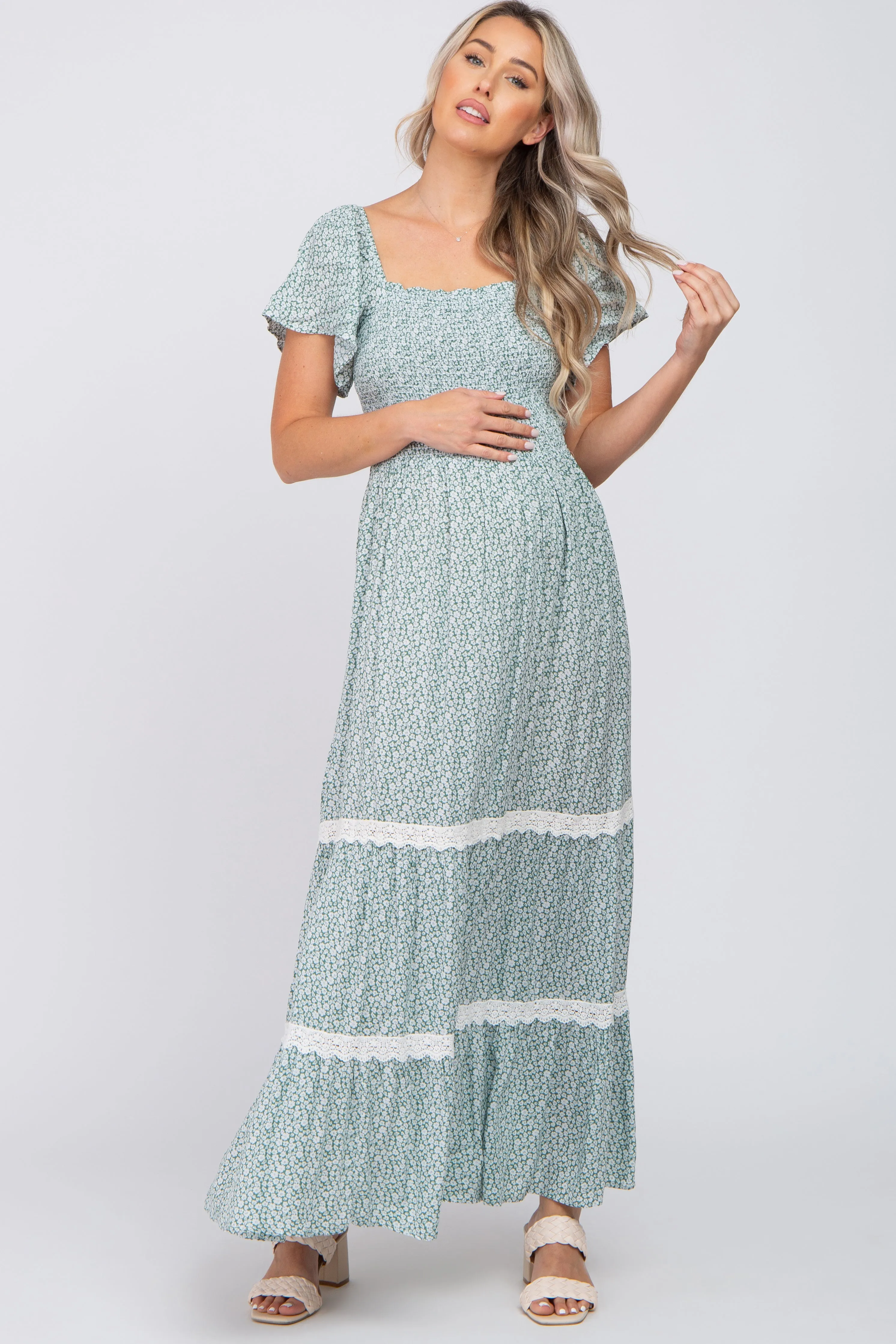 Green Floral Square Neck Smocked Front Lace Trim Maternity Maxi Dress sold by Pinkblush