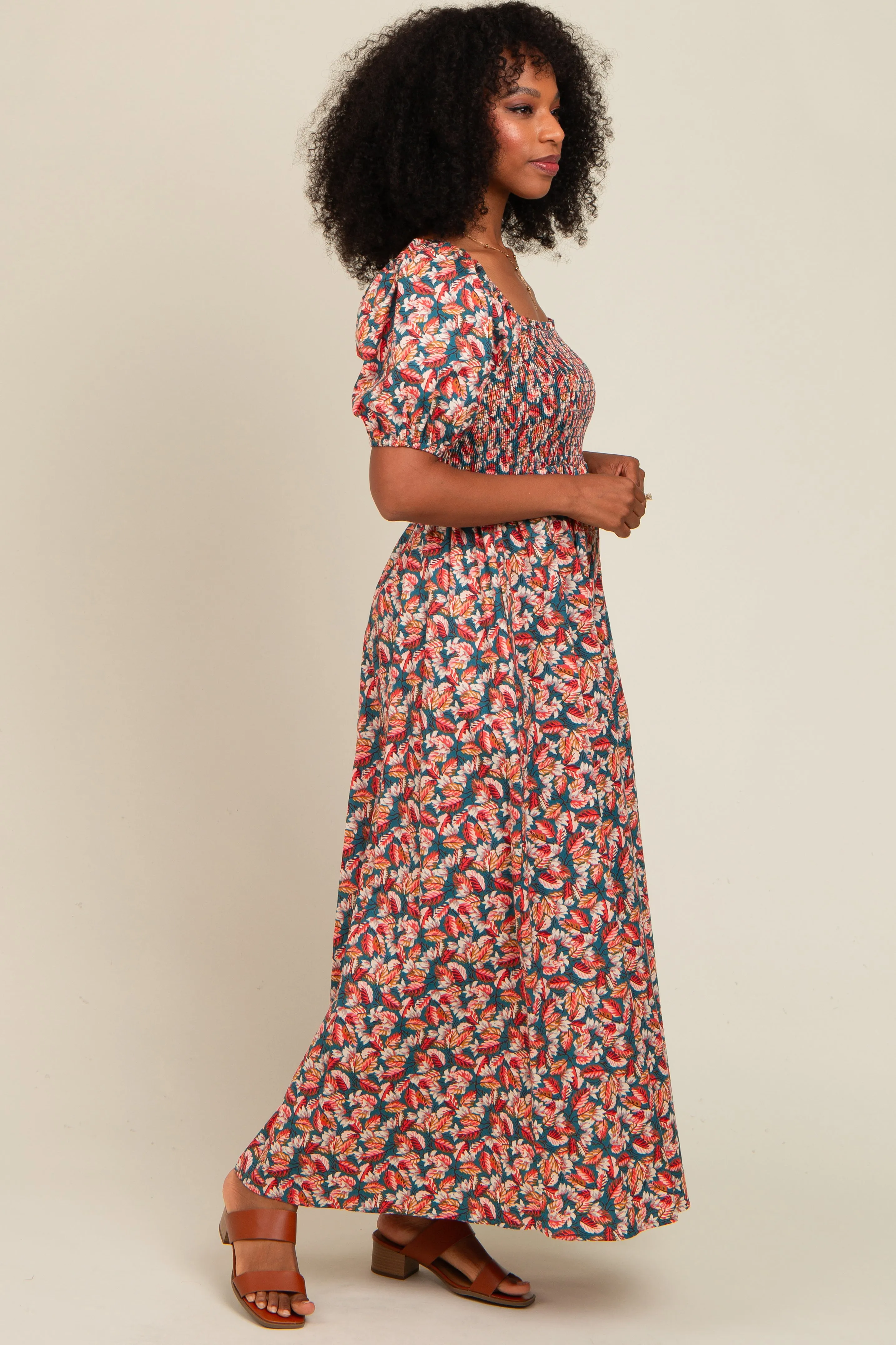 Teal Multi-Color Leaf Print Smocked Maxi Dress sold by Pinkblush product image thumbnail 3