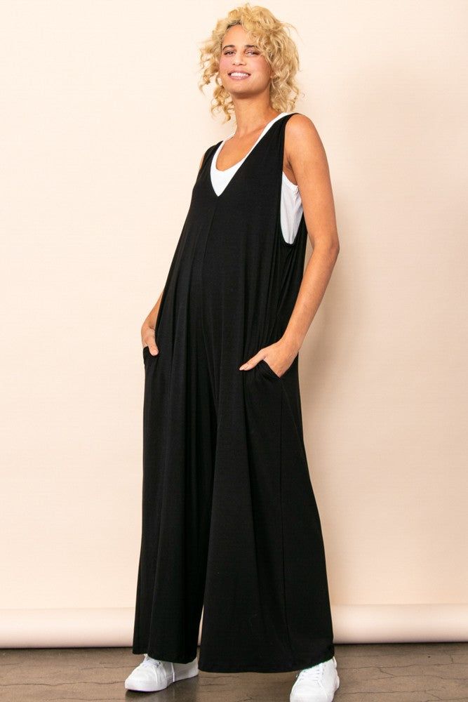 Black Deep V Sleeveless Wide Leg Jumpsuit sold by Pinkblush