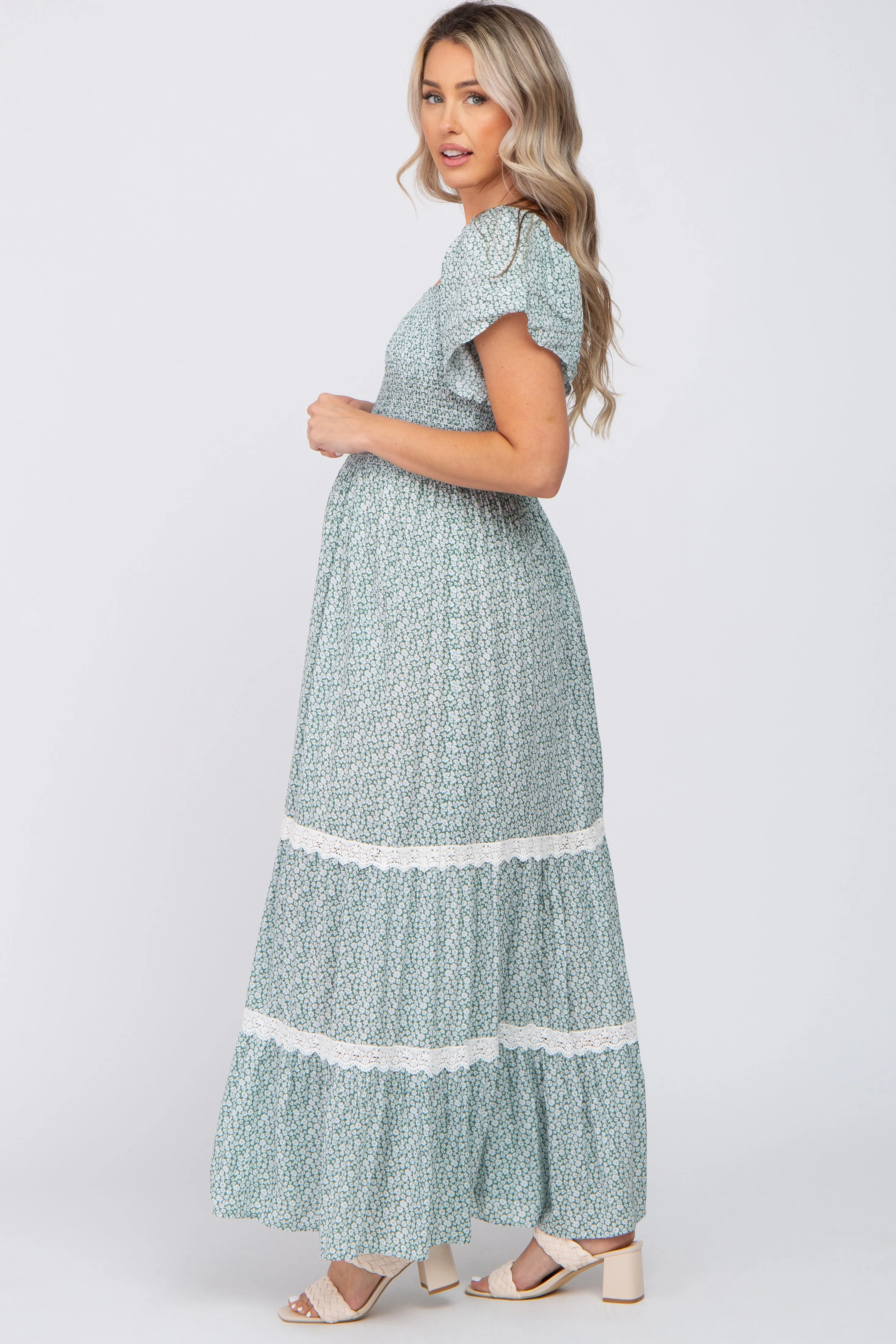 Green Floral Square Neck Smocked Front Lace Trim Maternity Maxi Dress sold by Pinkblush product image thumbnail 2