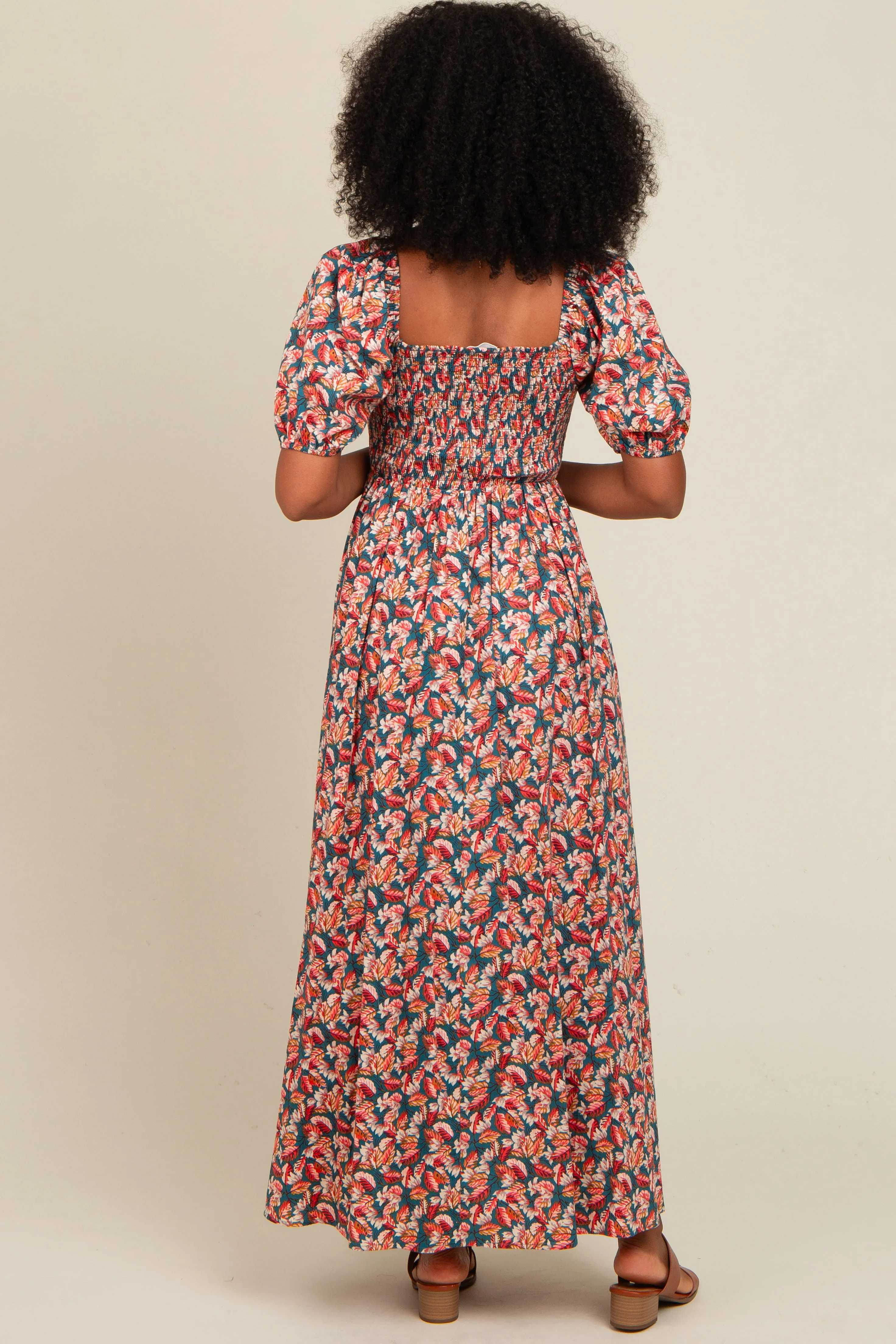 Teal Multi-Color Leaf Print Smocked Maxi Dress sold by Pinkblush product image thumbnail 4