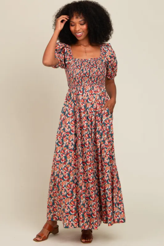 Teal Multi-Color Leaf Print Smocked Maxi Dress sold by Pinkblush