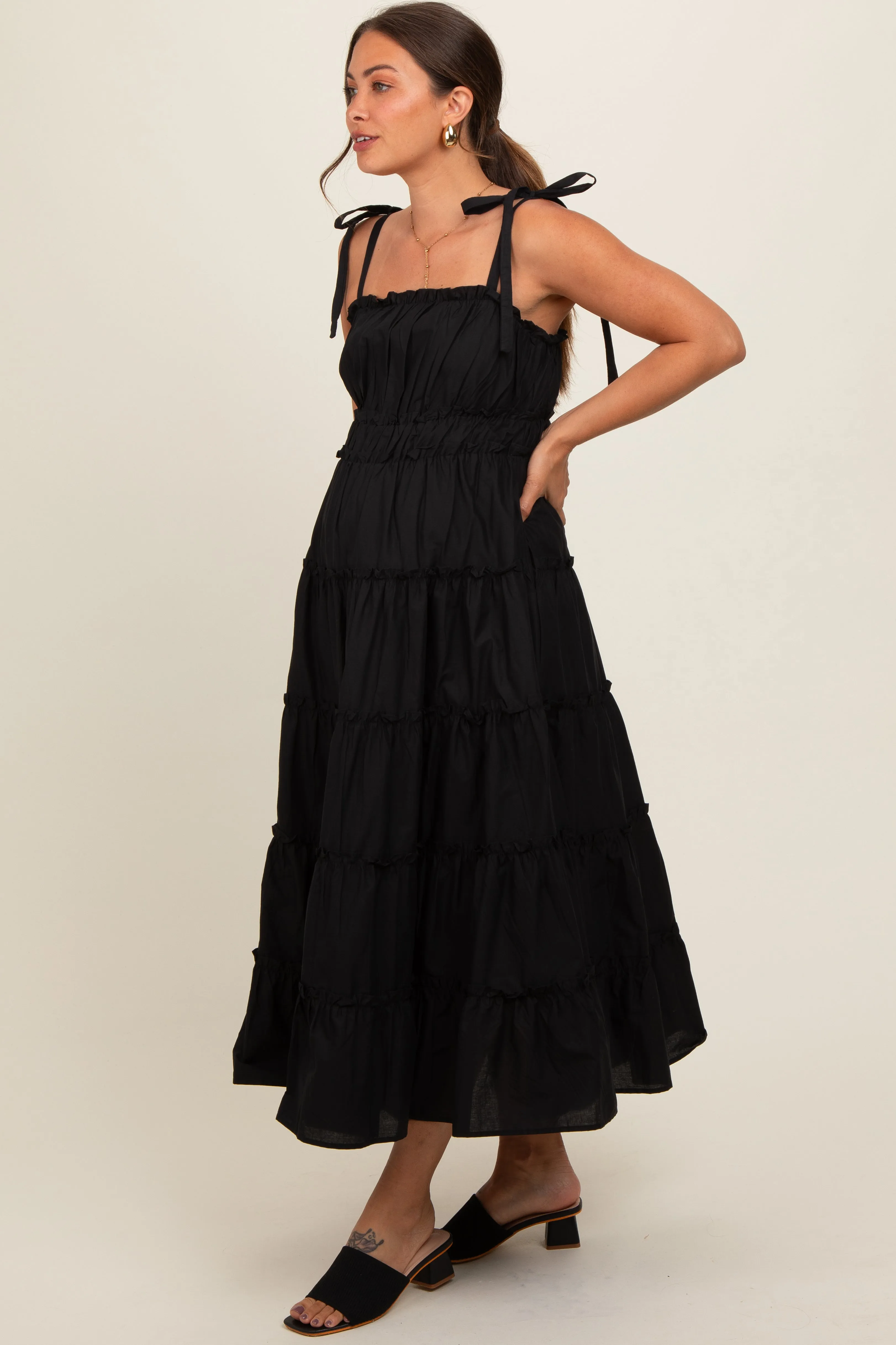 Black Tiered Tie Strap Maternity Midi Dress sold by Pinkblush product image thumbnail 3