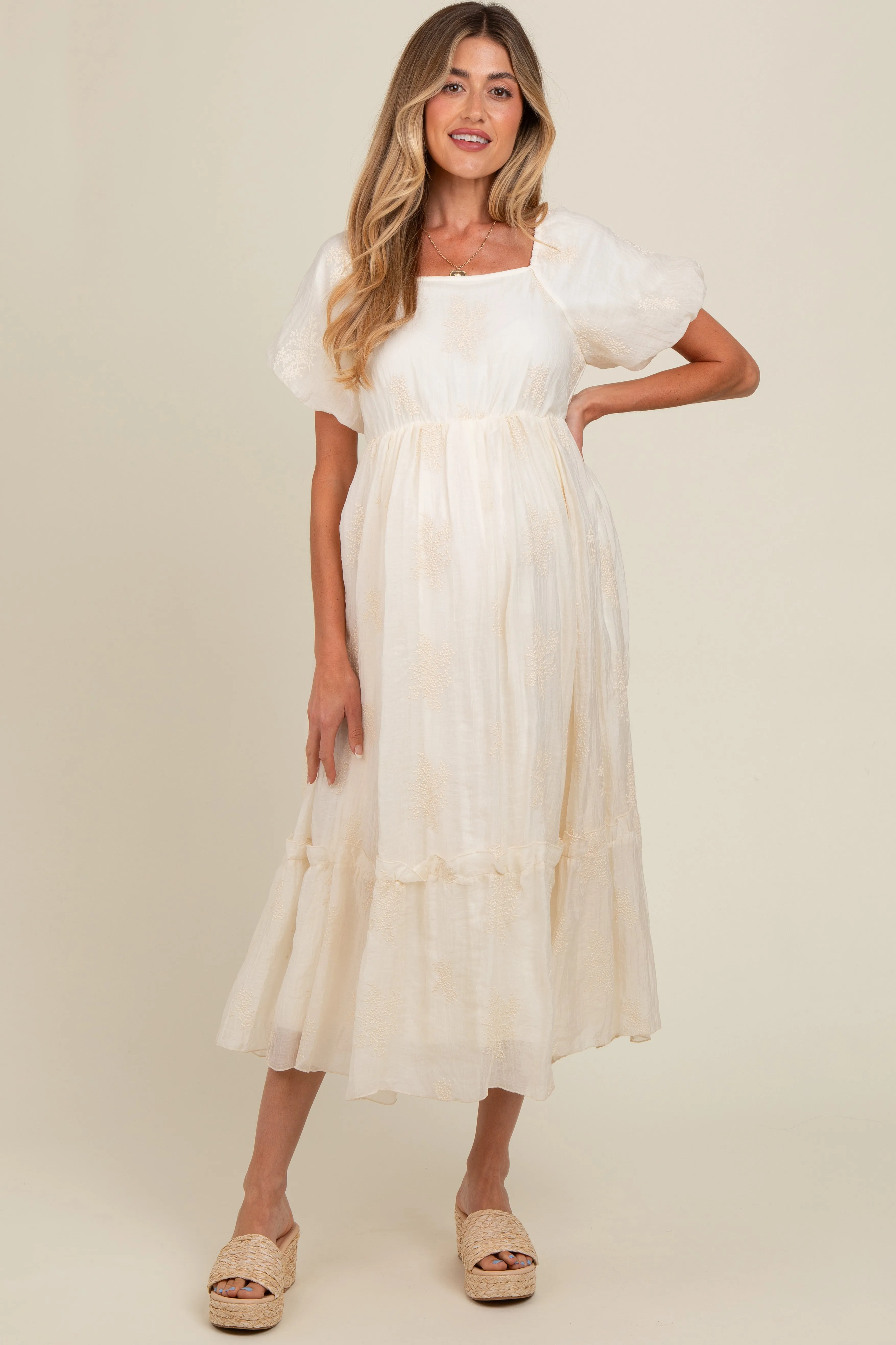 Cream Floral Print Ruffle Hem Maternity Midi Dress sold by Pinkblush product image thumbnail 2