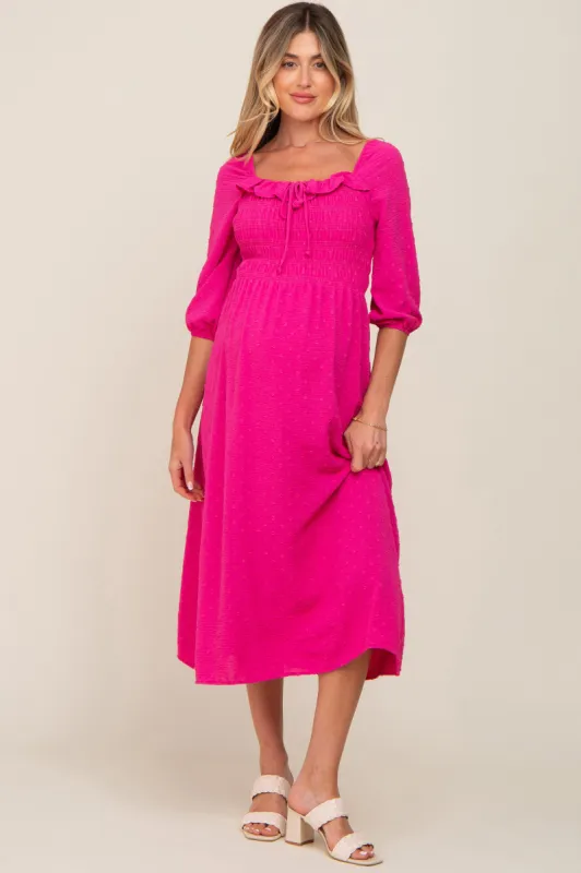 Fuchsia Swiss Dot 3/4 Sleeve Maternity Midi Dress sold by Pinkblush