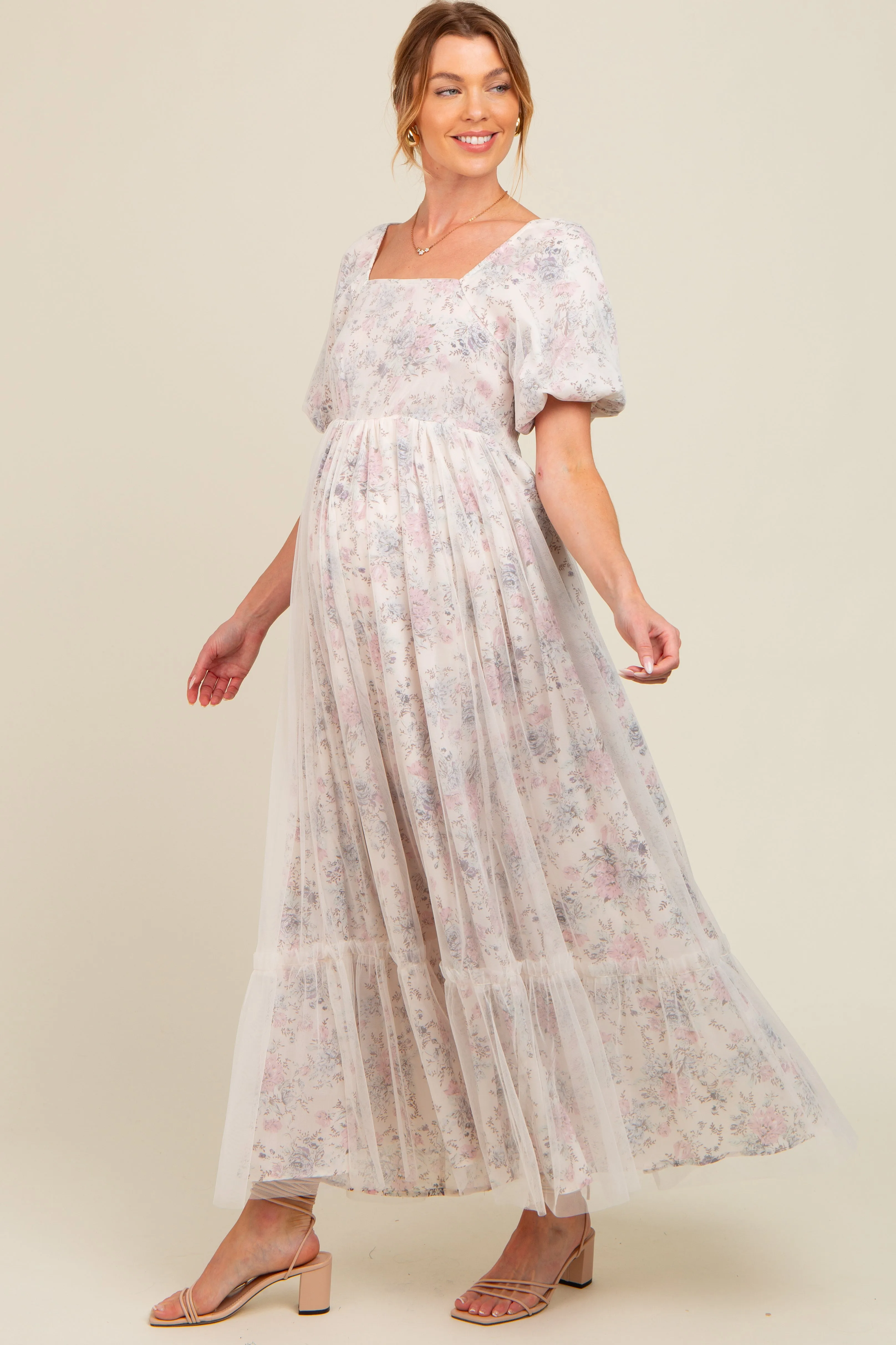 Ivory Floral Mesh Overlay Maternity Maxi Dress sold by Pinkblush product image thumbnail 2