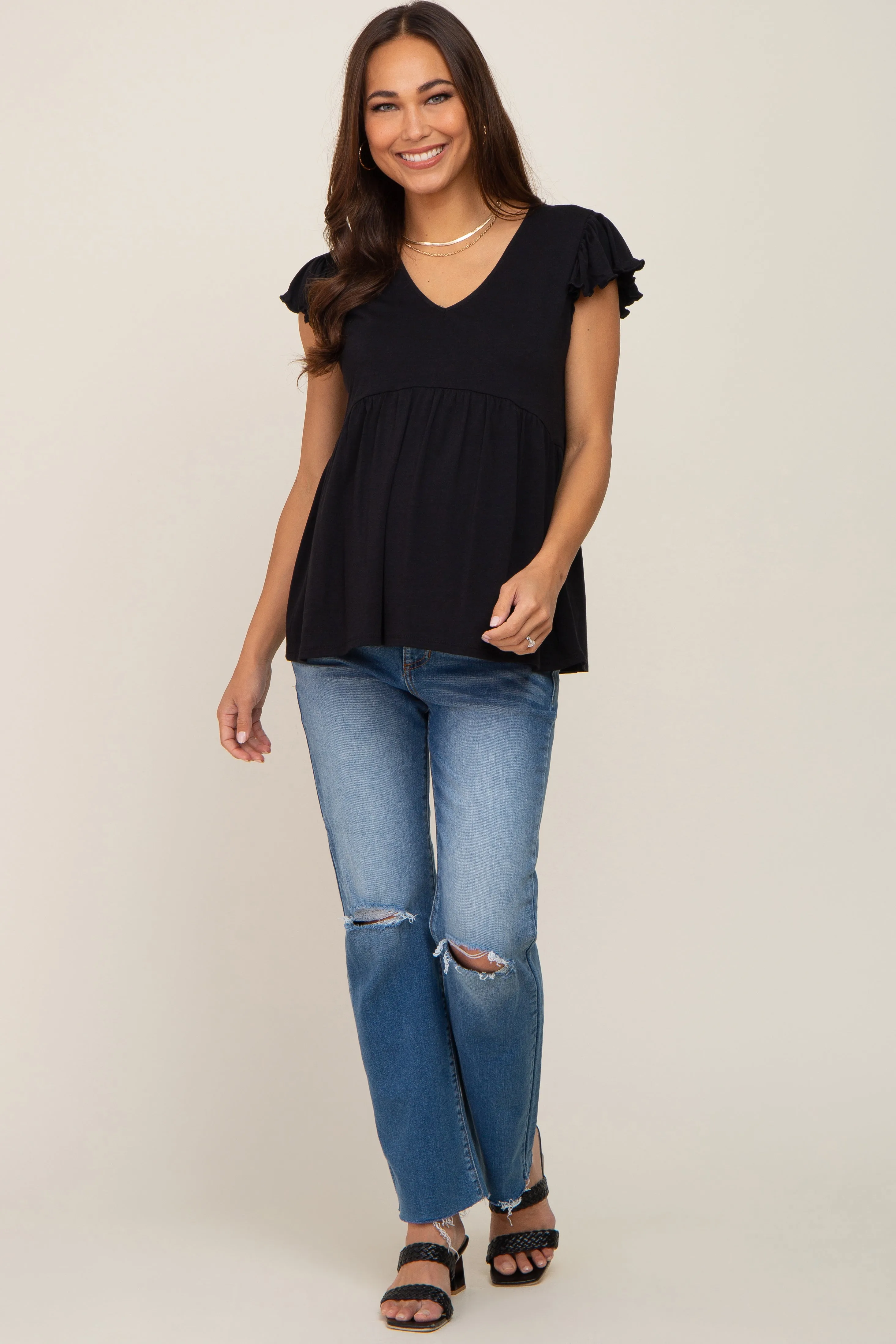 Black Flutter Sleeve V-Neck Maternity Top sold by Pinkblush product image thumbnail 5